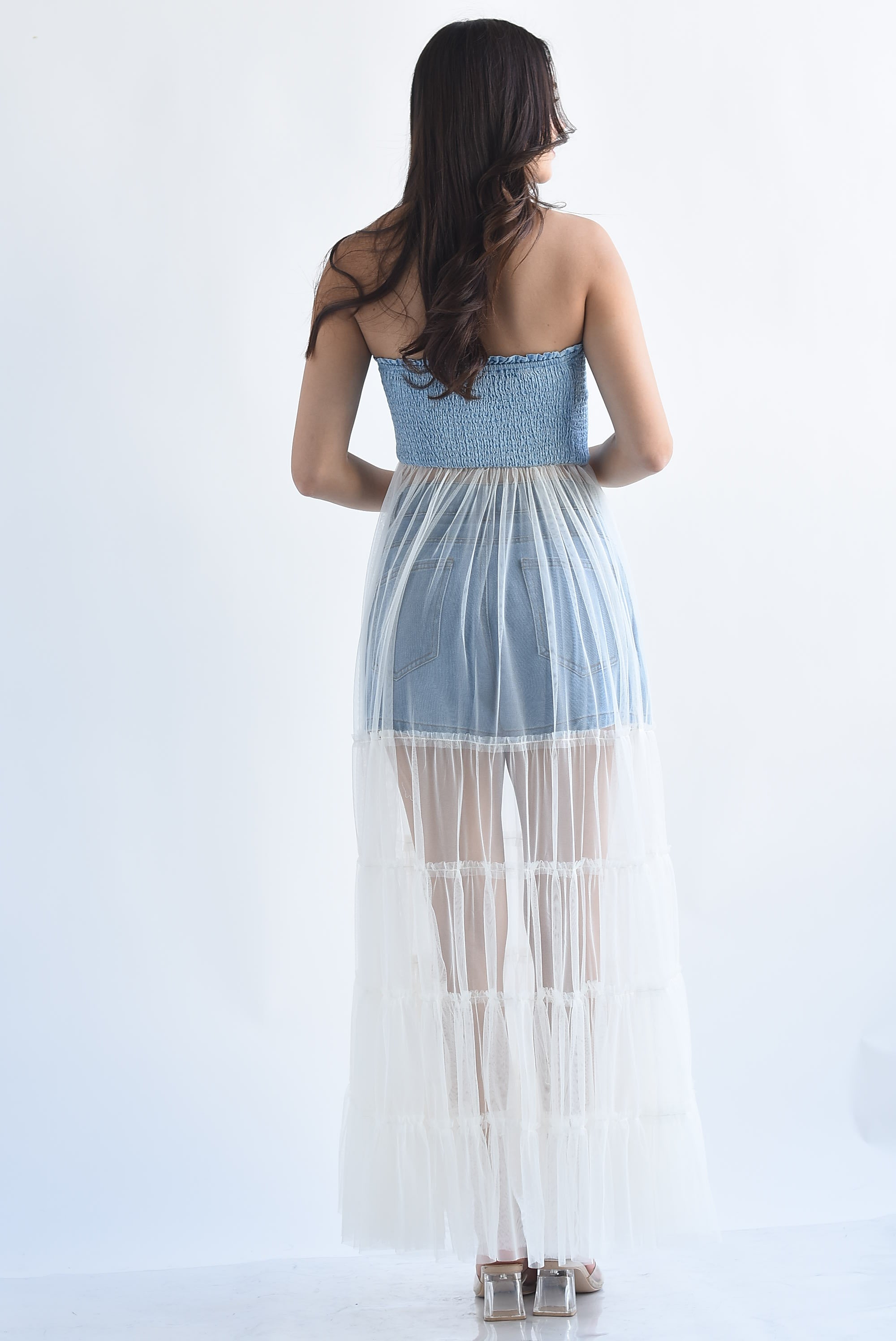Maxi blusa top elástico denim con tulle