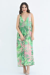 Fashion Styled Vestido largo tropical Verde con Rosa