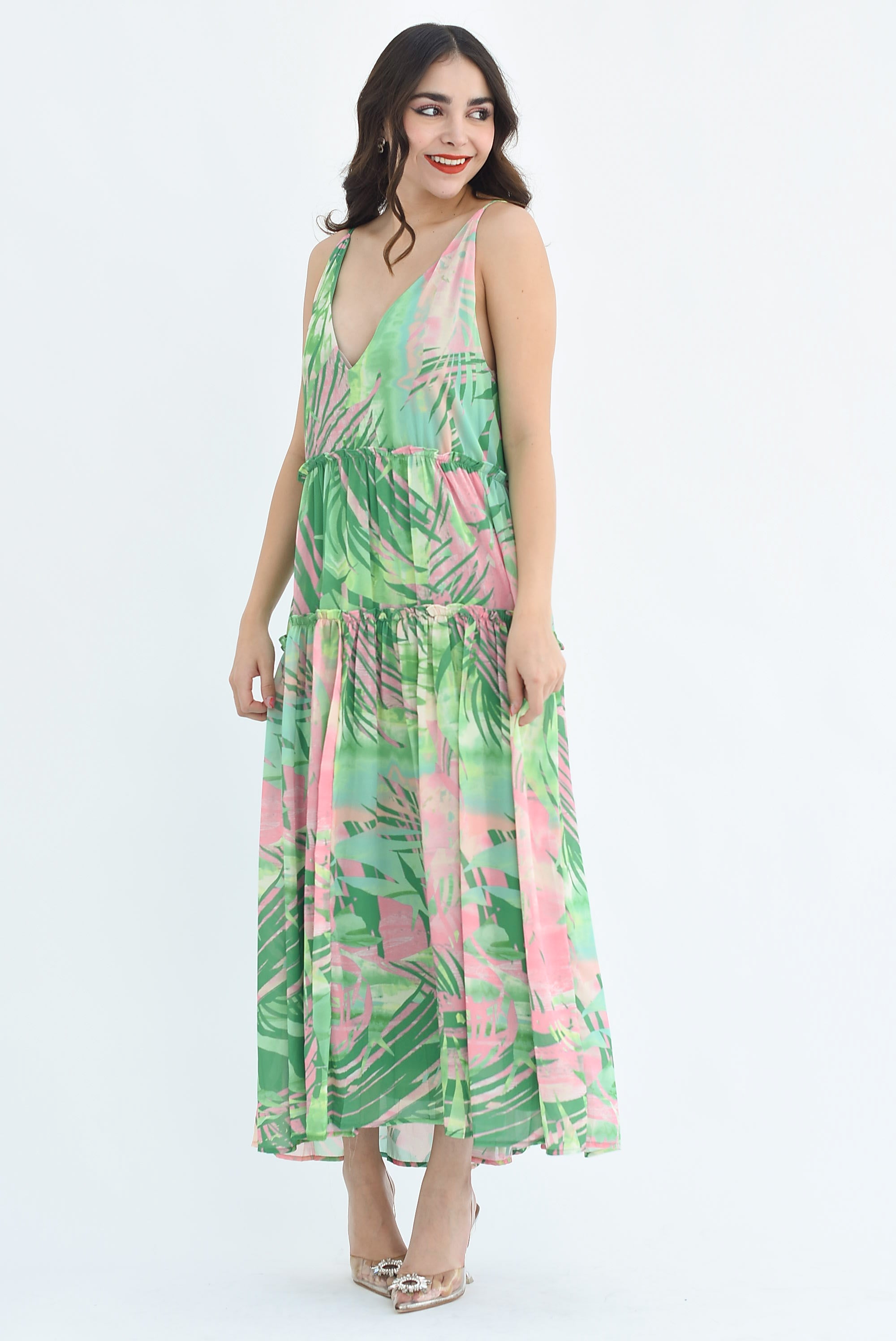 Vestido largo tropical Verde con Rosa – Fashion Styled