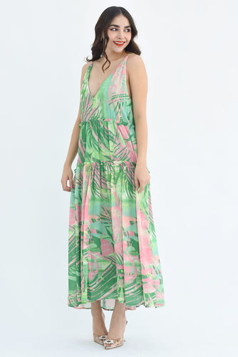 Vestido largo tropical Verde con Rosa
