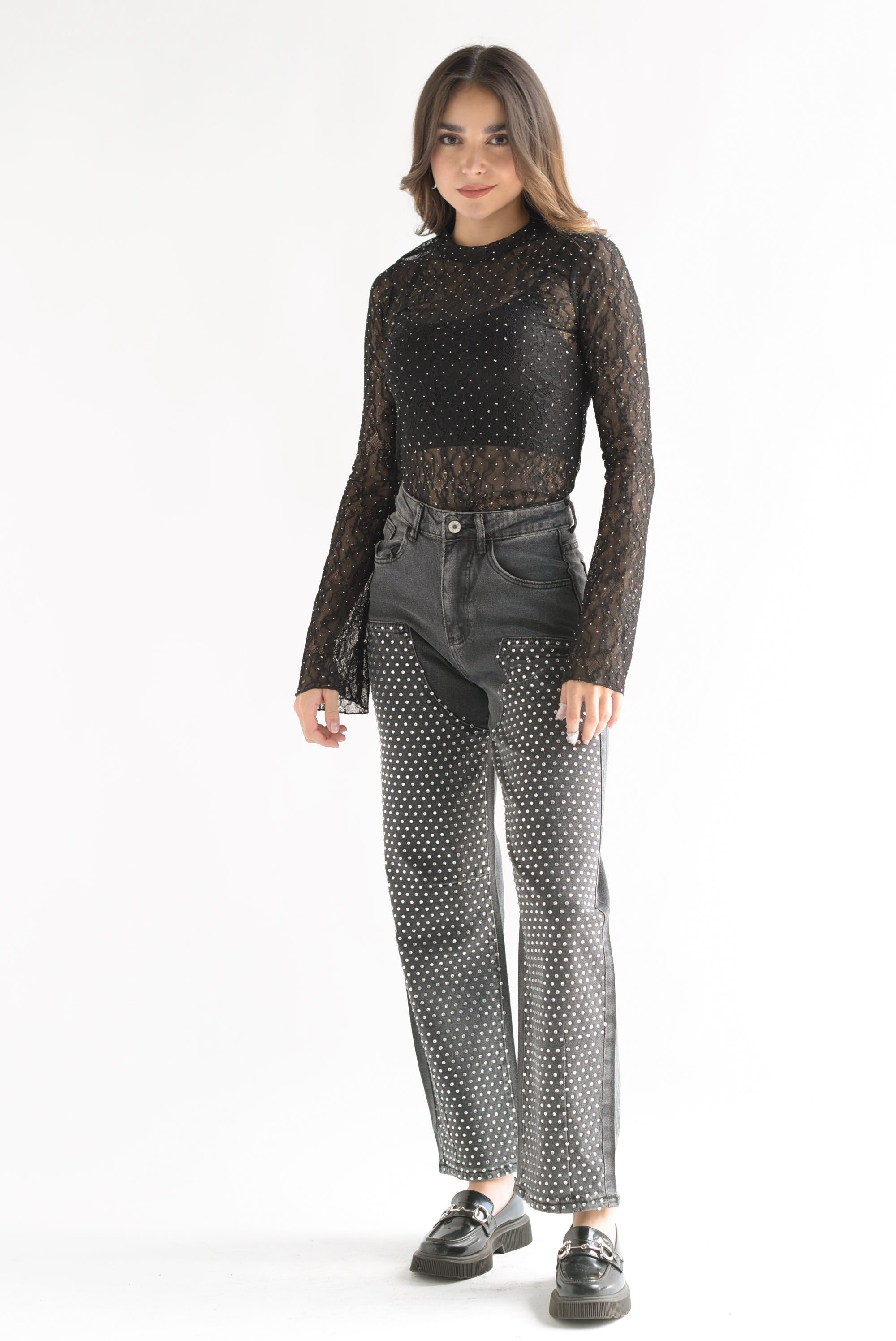 Jeans barrel brillos Negro