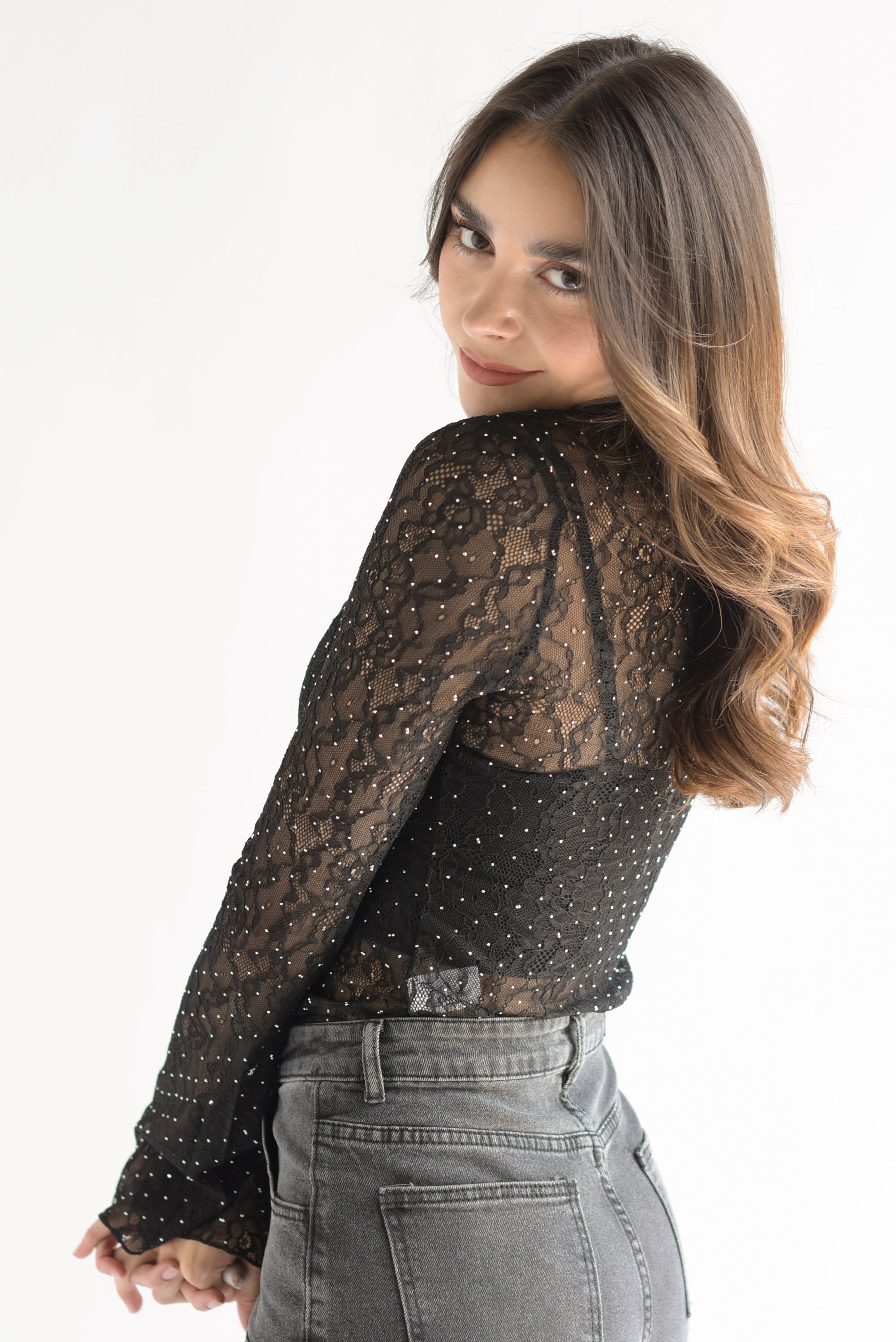 Blusa manga larga encaje brillos Negro