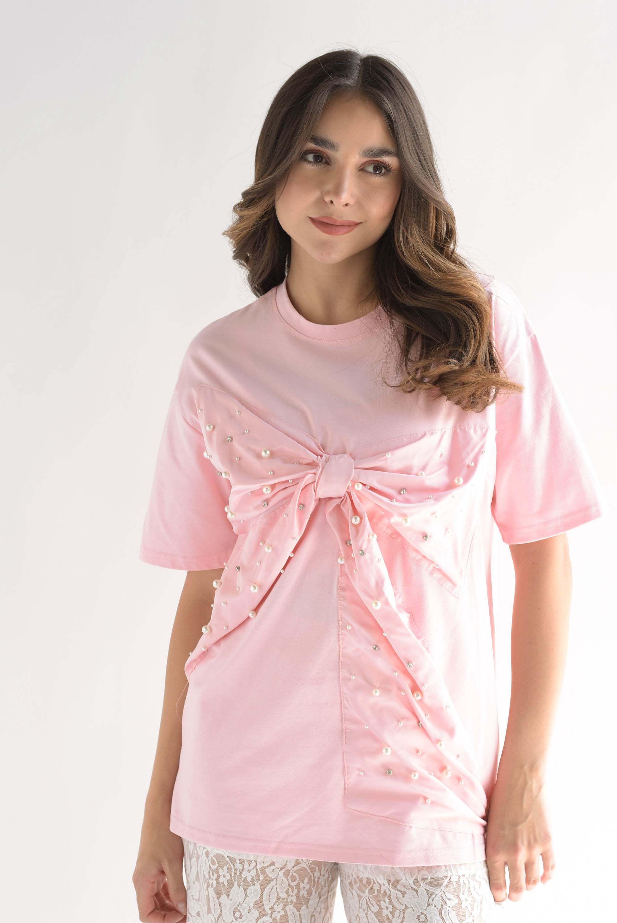 T-Shirt maxi moño perlas Rosa
