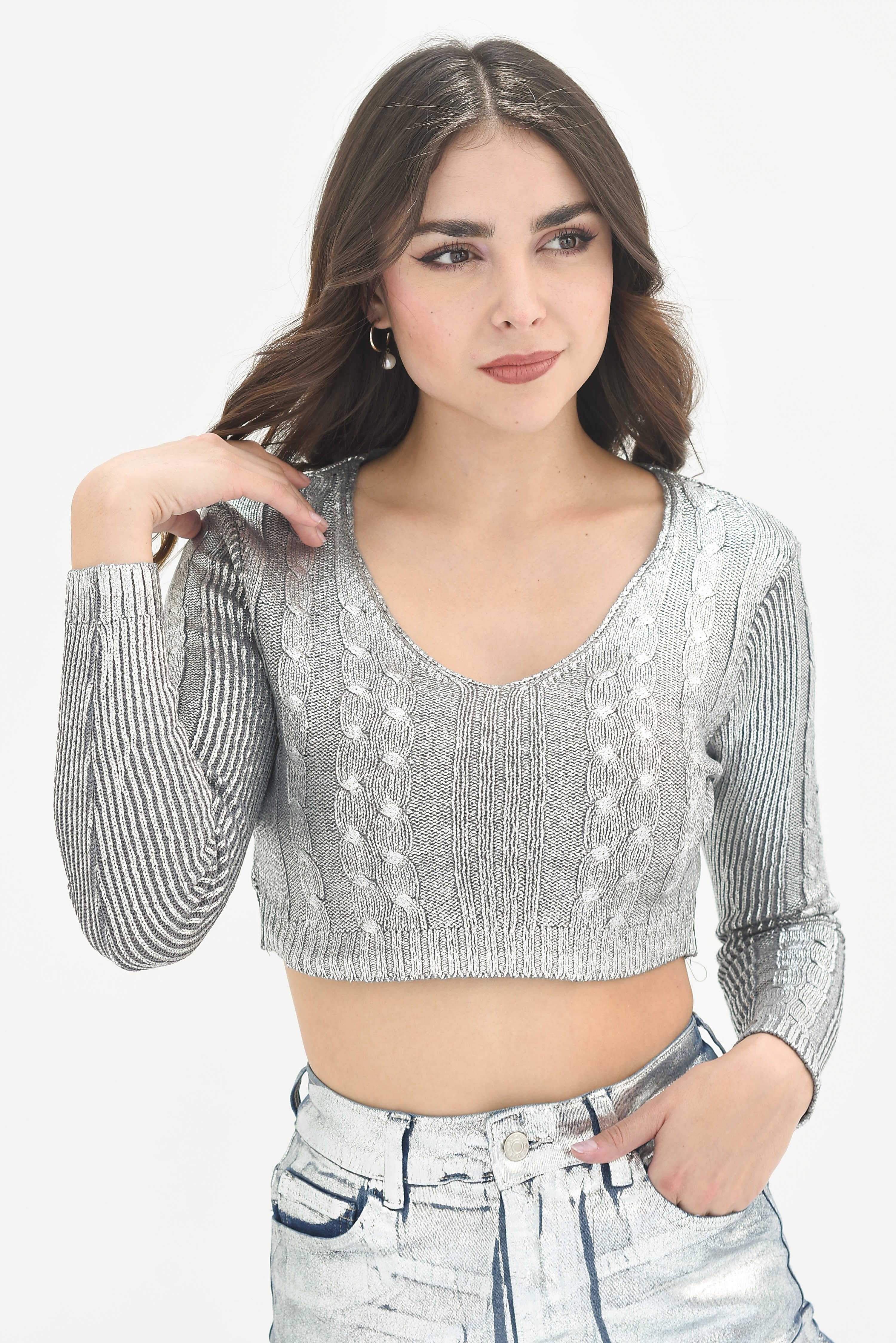 Sweater crop foil Plata oscuro