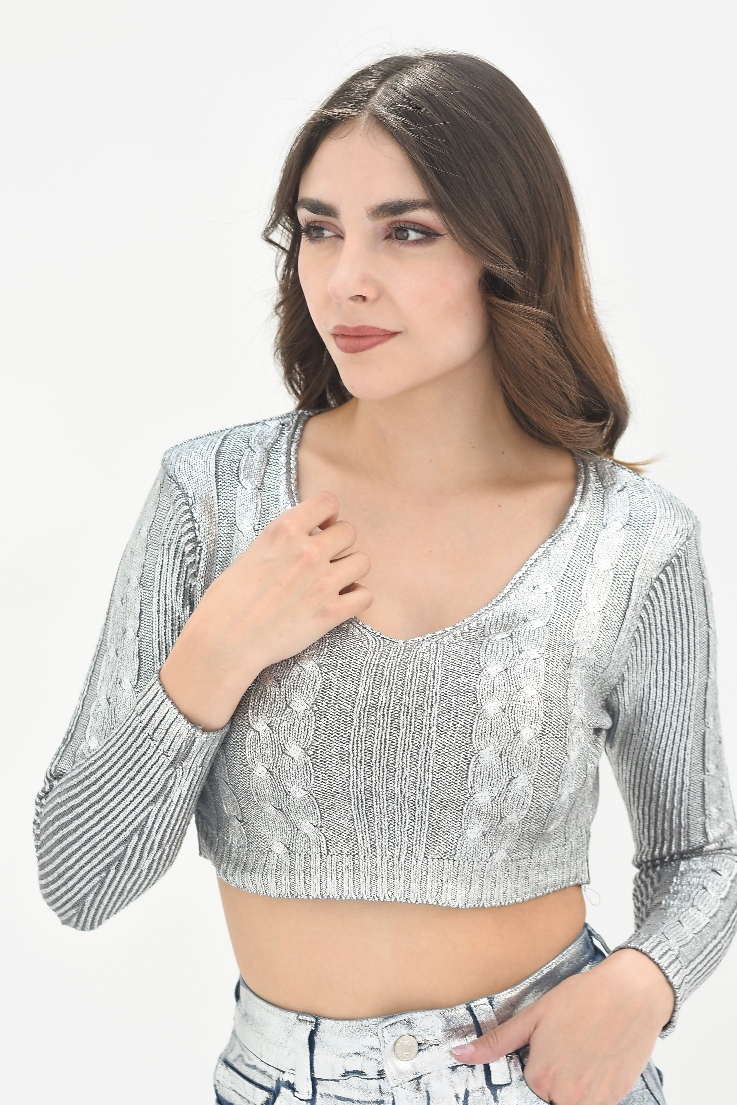 Sweater crop foil Plata oscuro