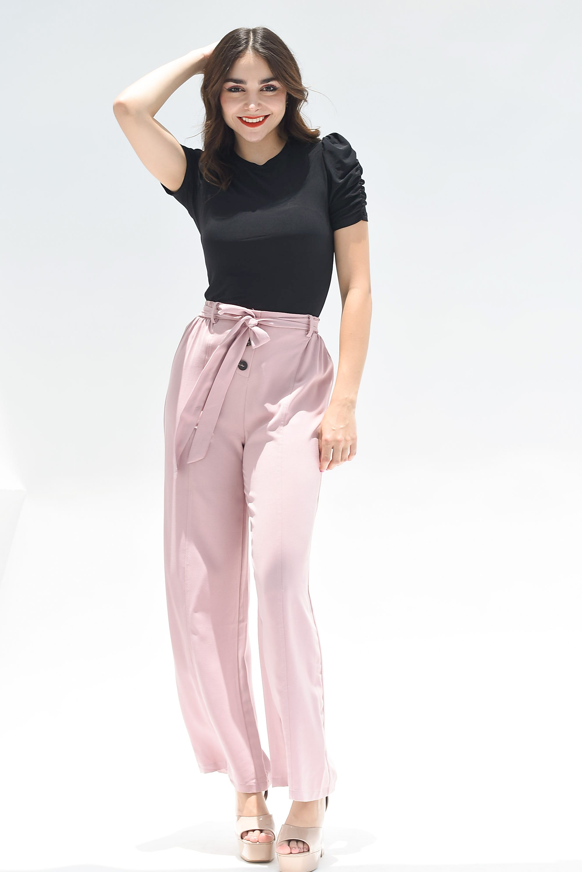 Pantalón pierna botones cinta Rosa palo