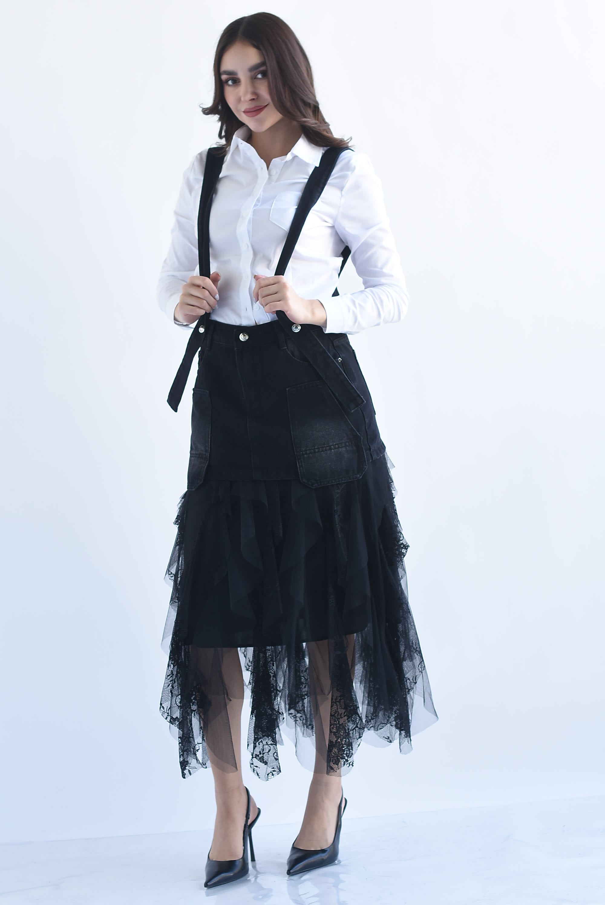 Falda tulle con falda denim en sobreposición