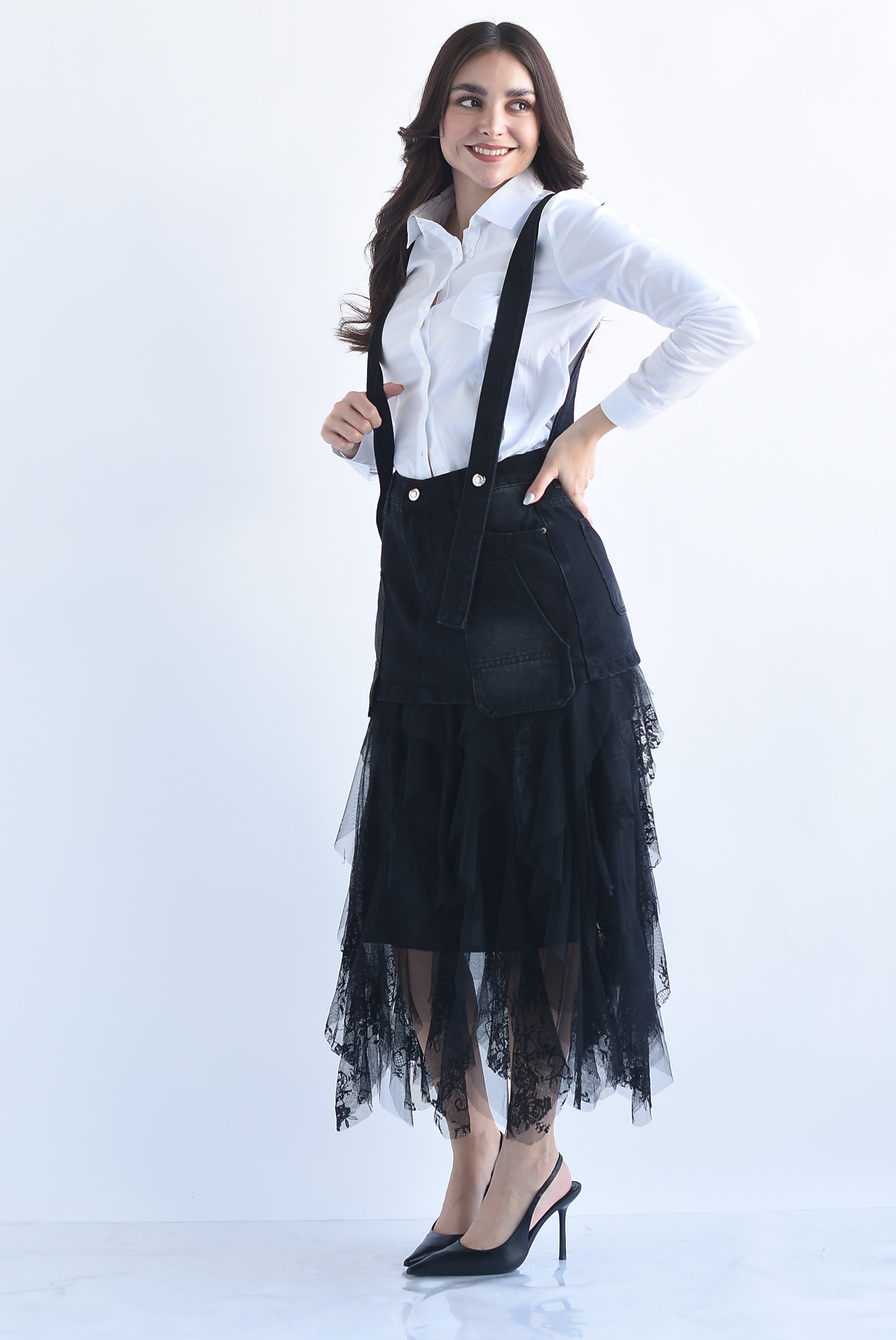 Falda tulle con falda denim en sobreposición