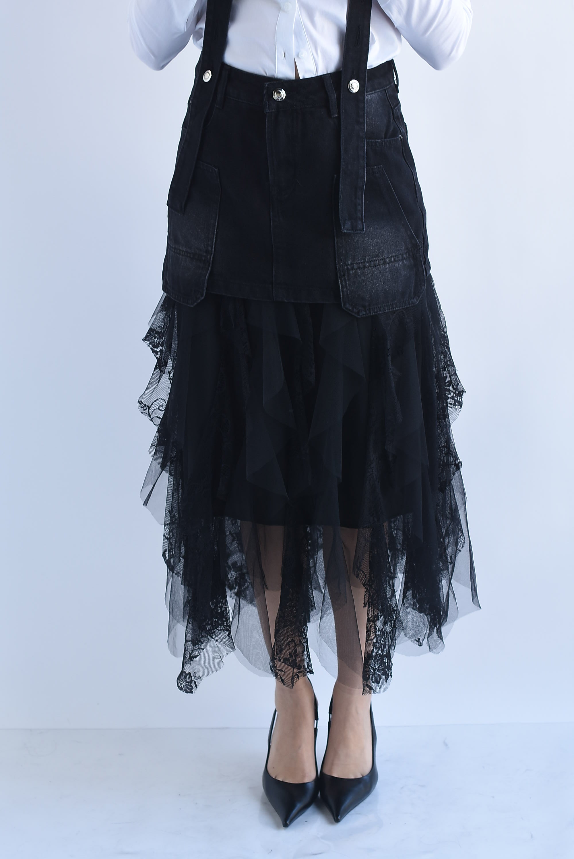 Falda tulle con falda denim en sobreposición