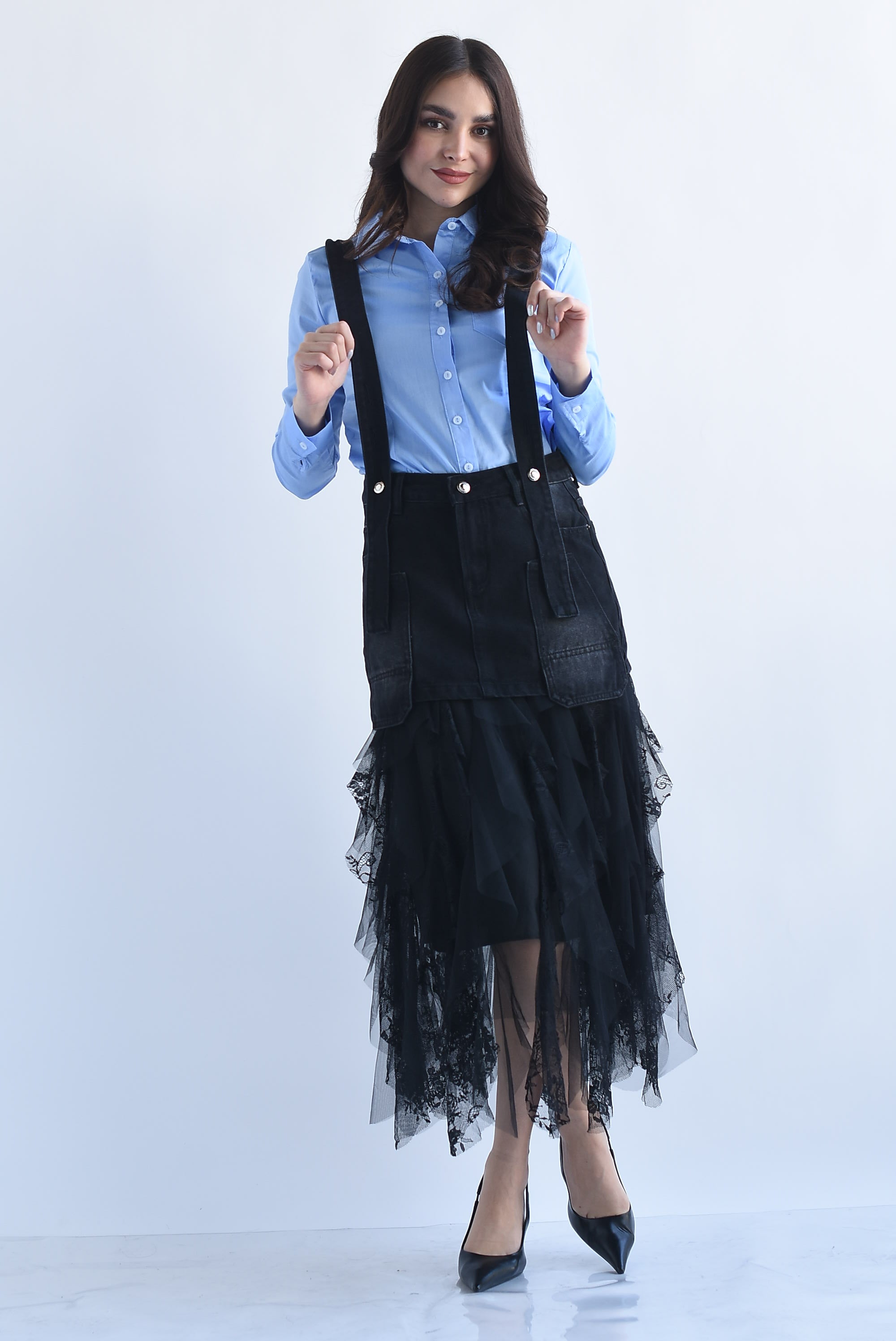 Falda tulle con falda denim en sobreposición