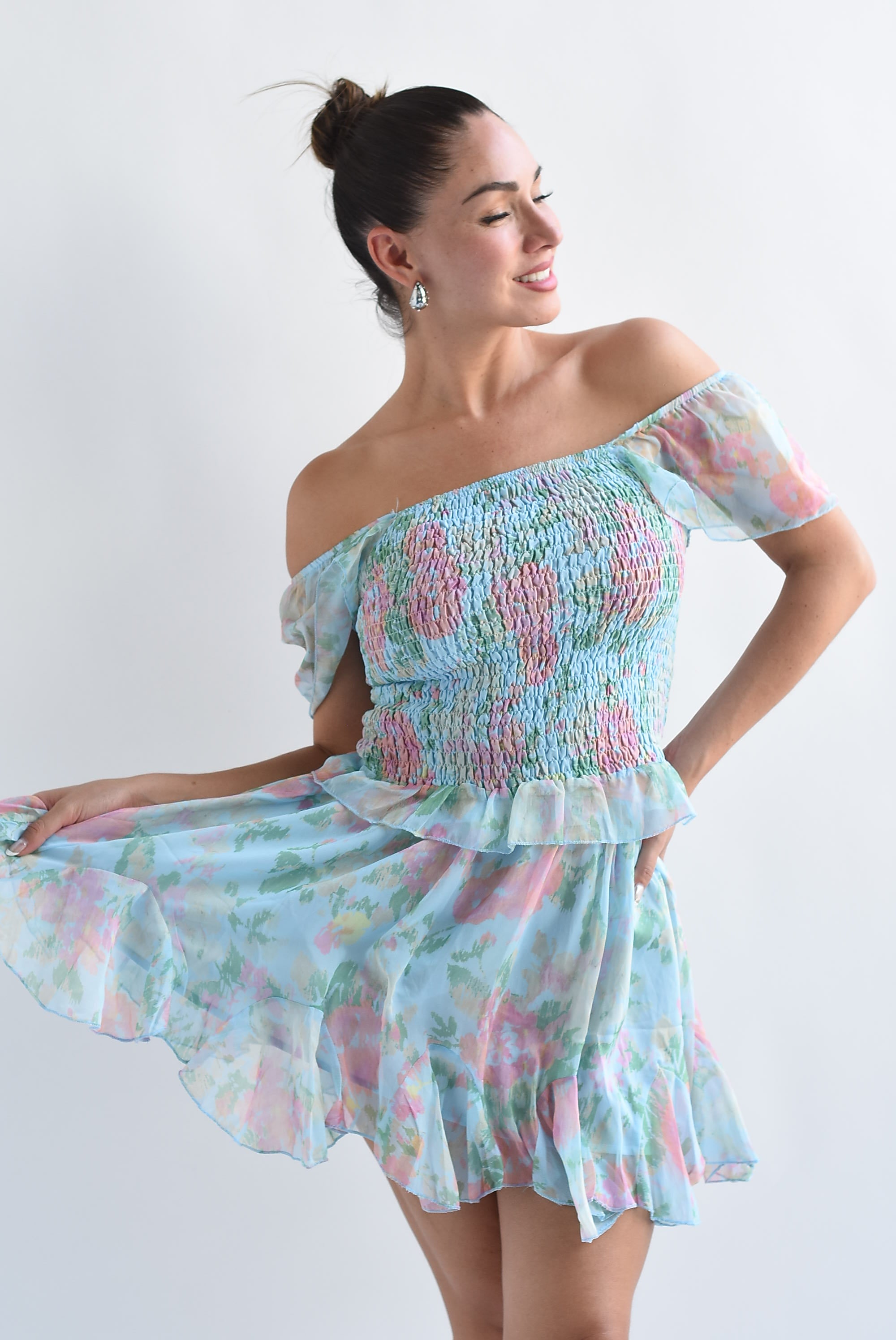 Set Falda y Blusa elástico flores Azul Baby