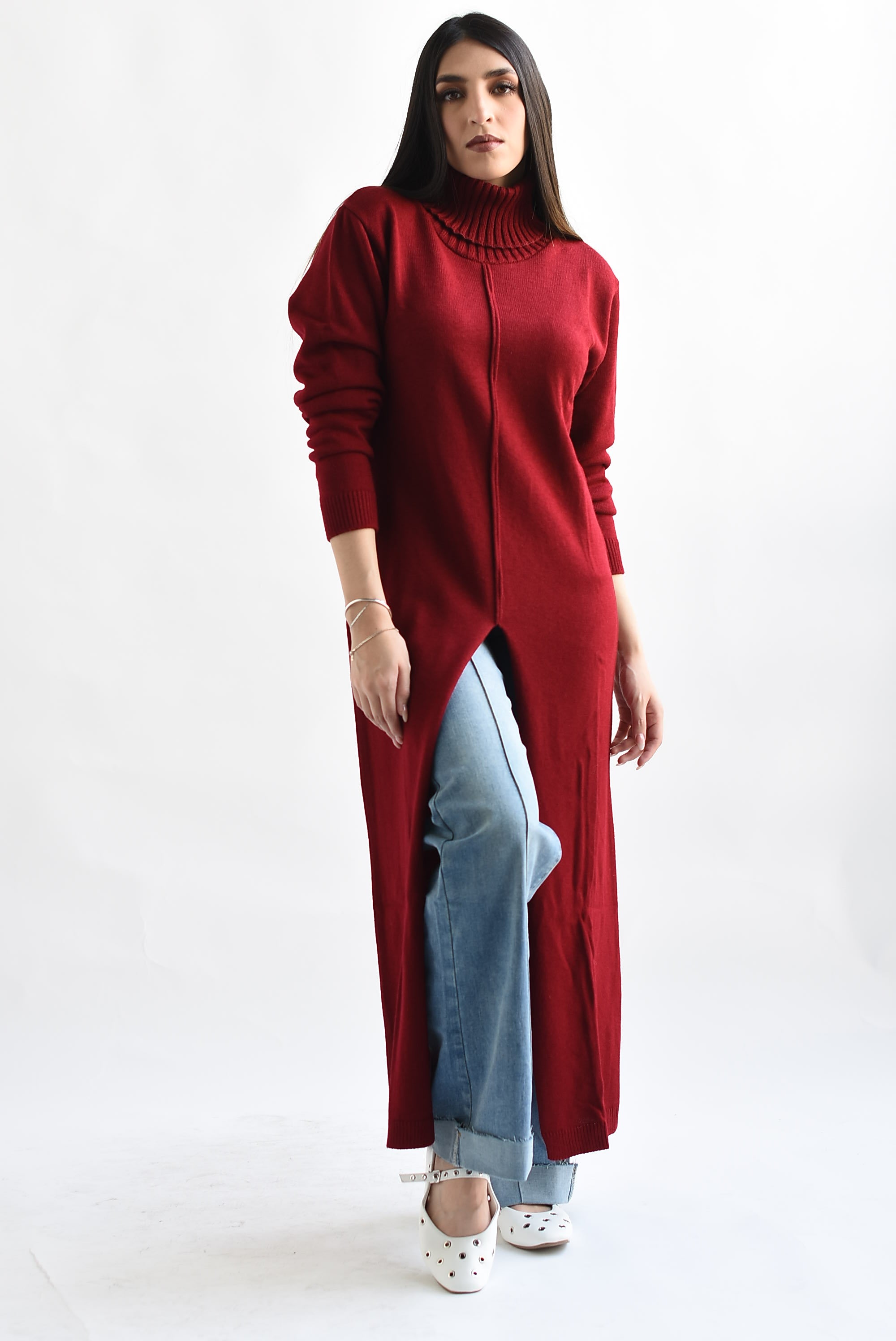 Sweater Maxi cuello Cherry Red
