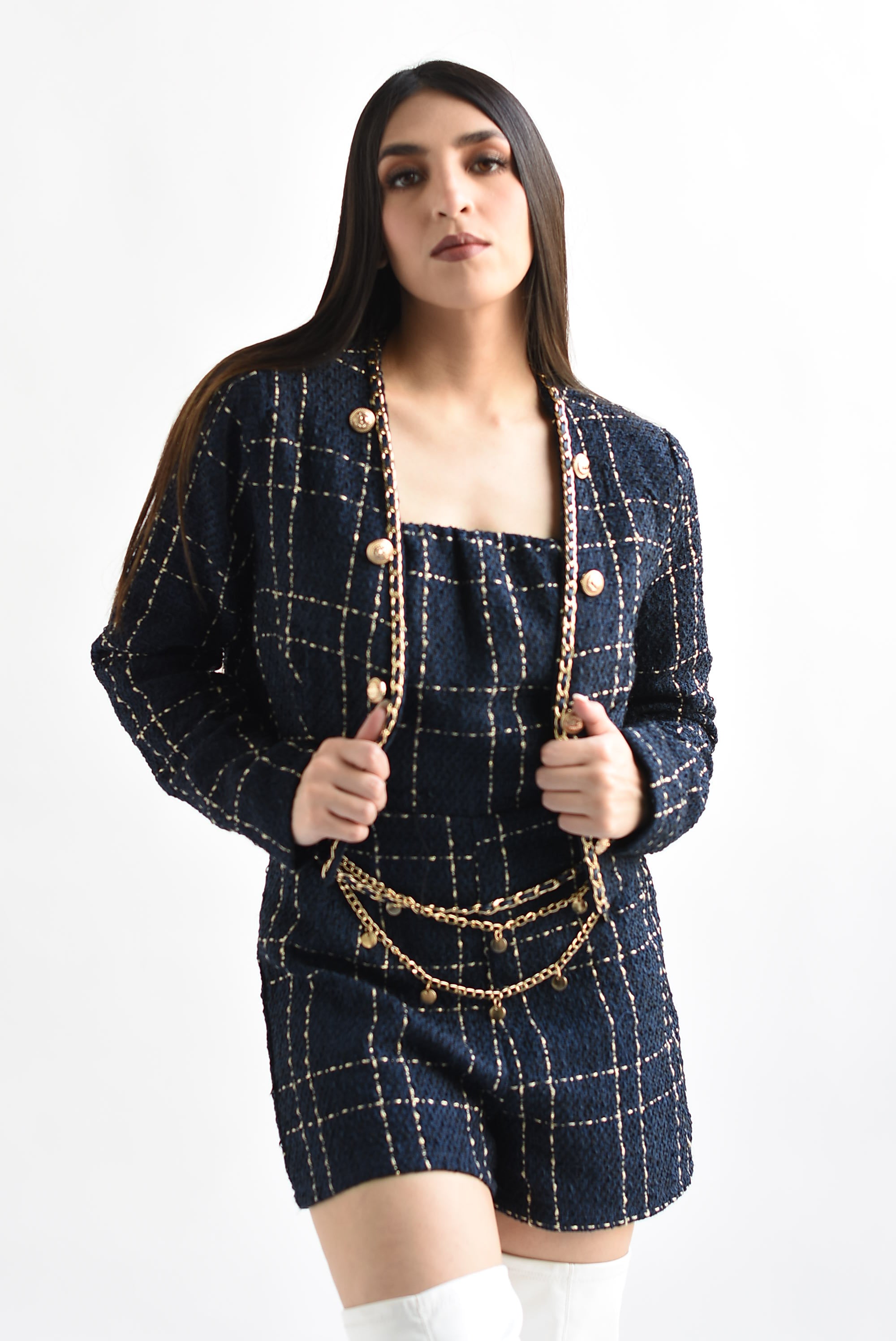 Set Romper y Blazer tweed Azul Marino