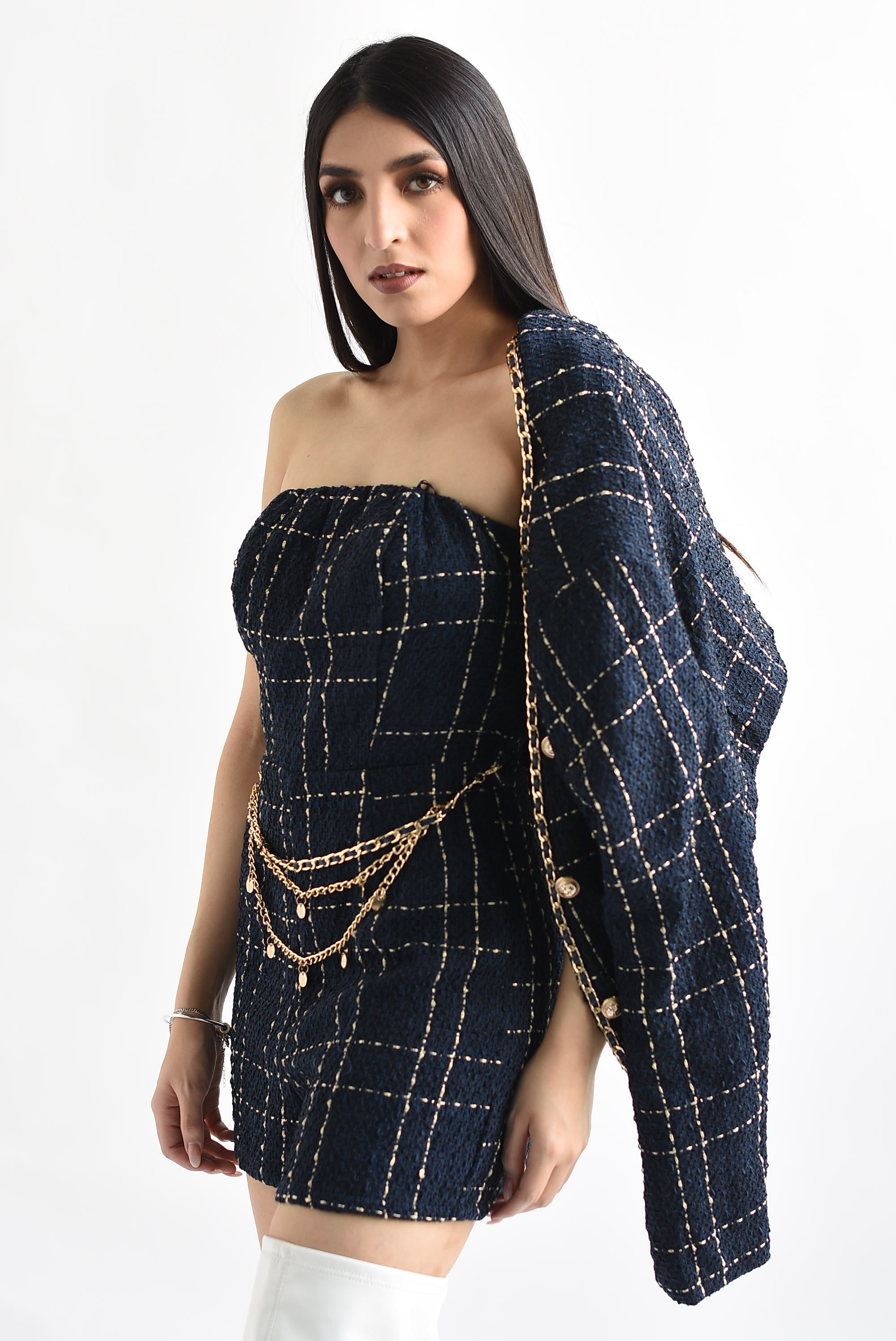Set Romper y Blazer tweed Azul Marino