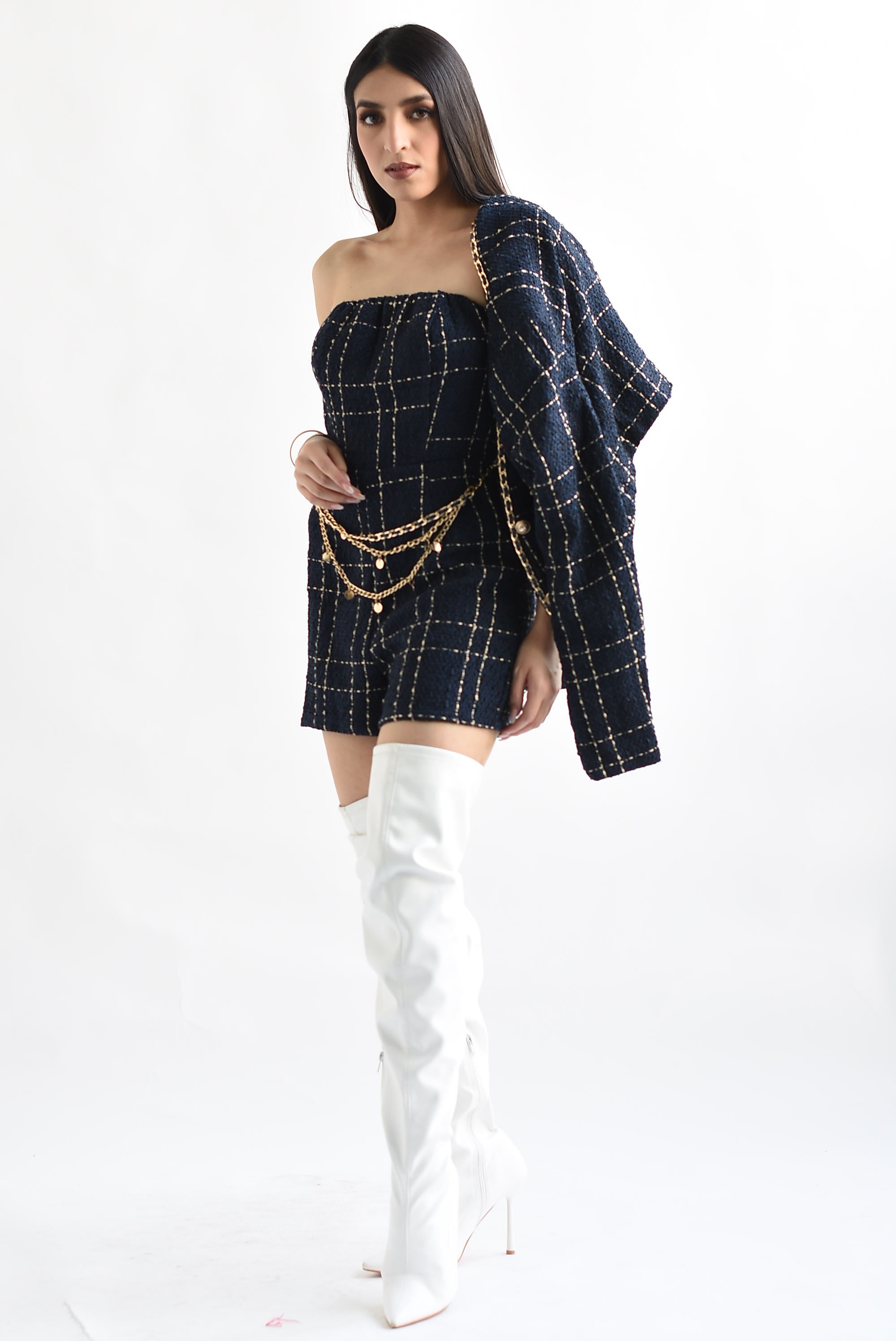 Set Romper y Blazer tweed Azul Marino