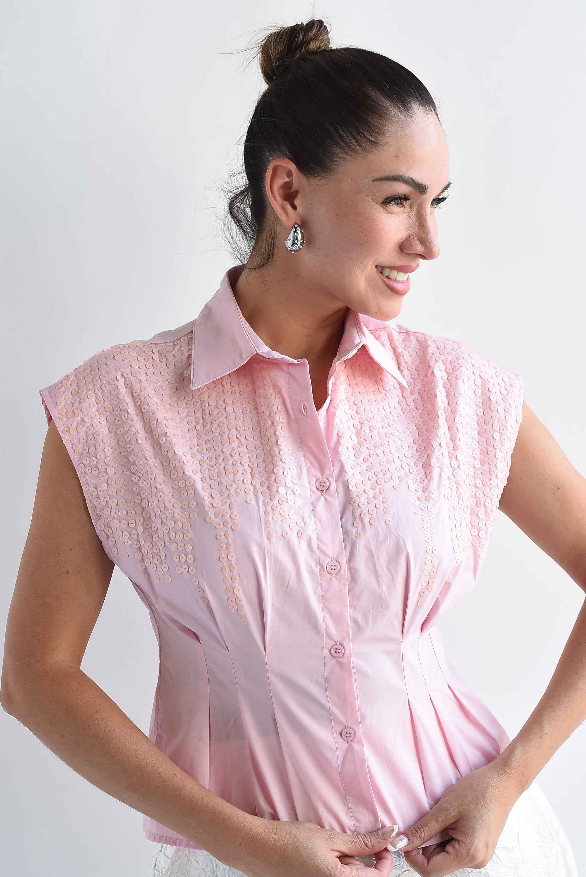 Blusa pinzas cintura lentejuelas mate Rosa