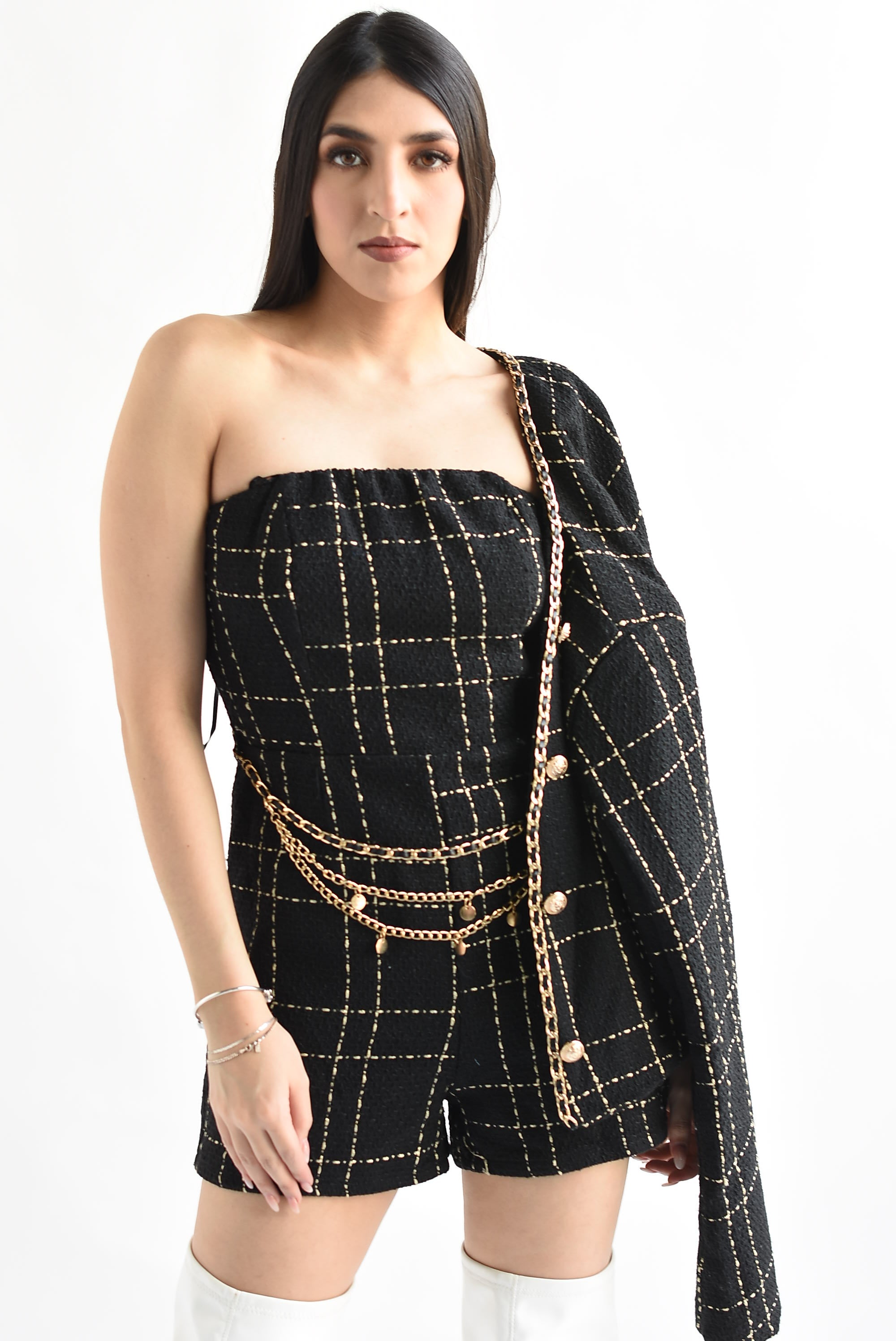 Set Romper y Blazer tweed Negro