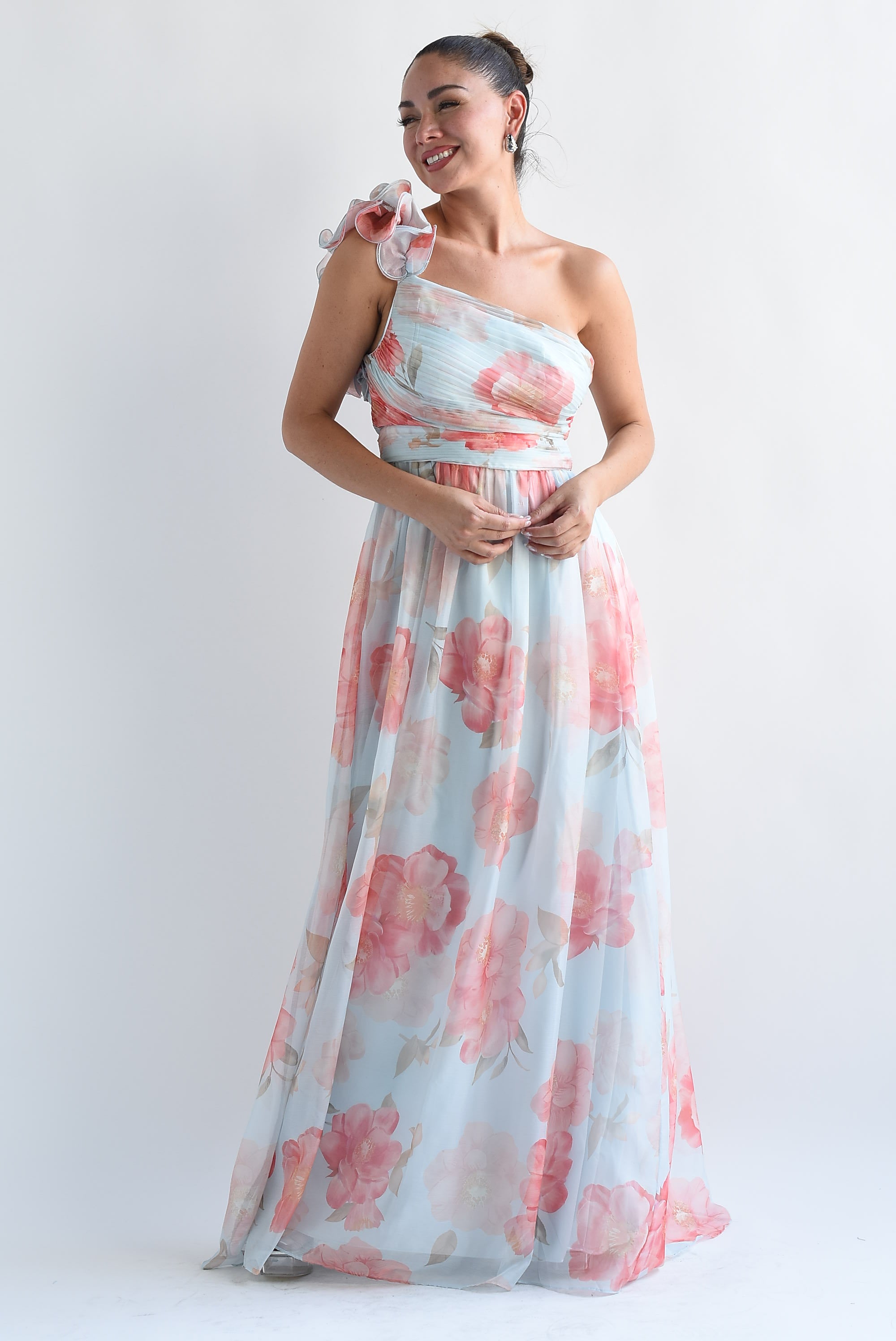 Vestido largo flores hombro escarolas Azul Baby