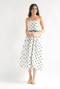 Fashion Styled Vestido globo strapless Polka Dots Blanco