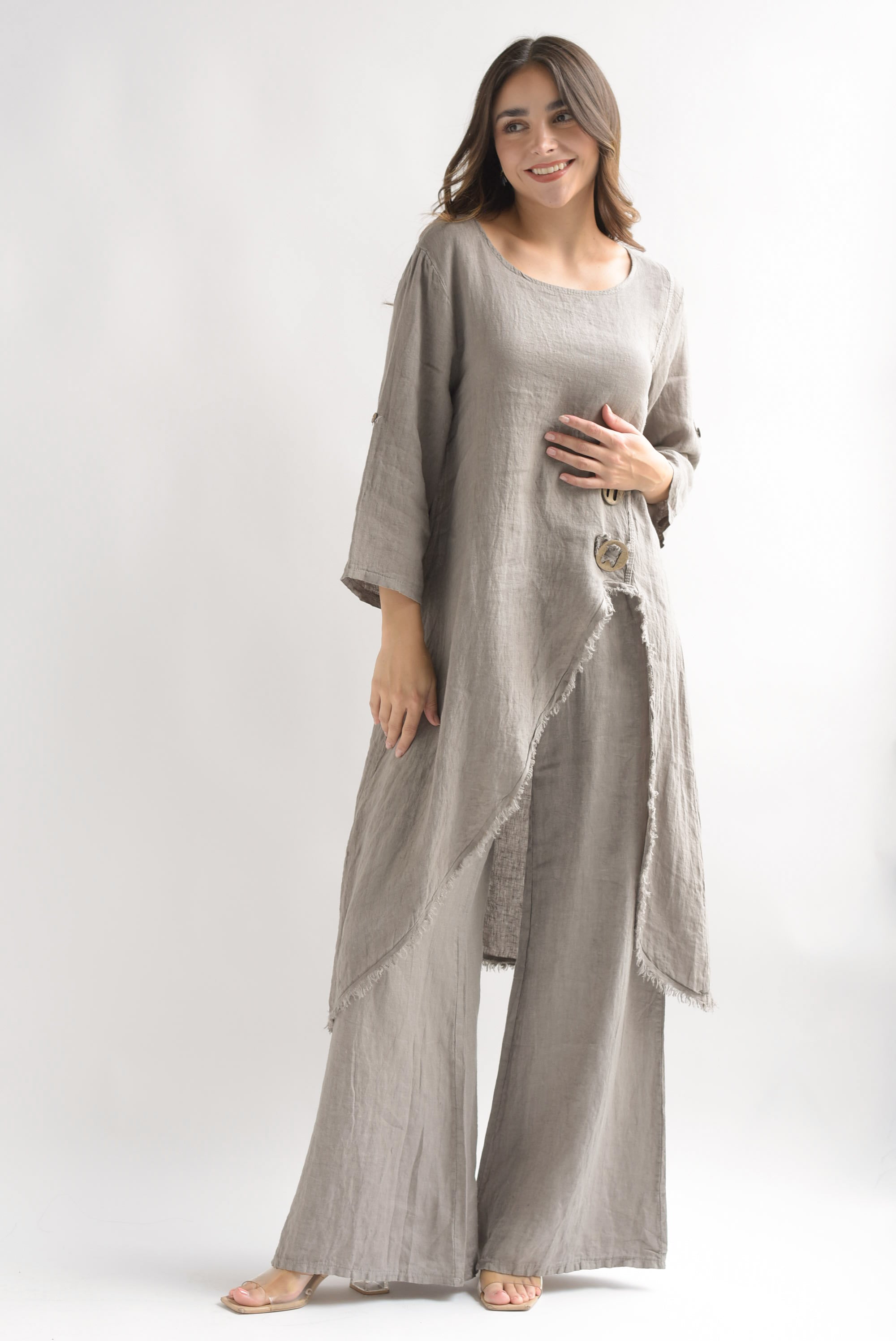 Set Pantalón wide y Maxi blusa lino italiano Gris