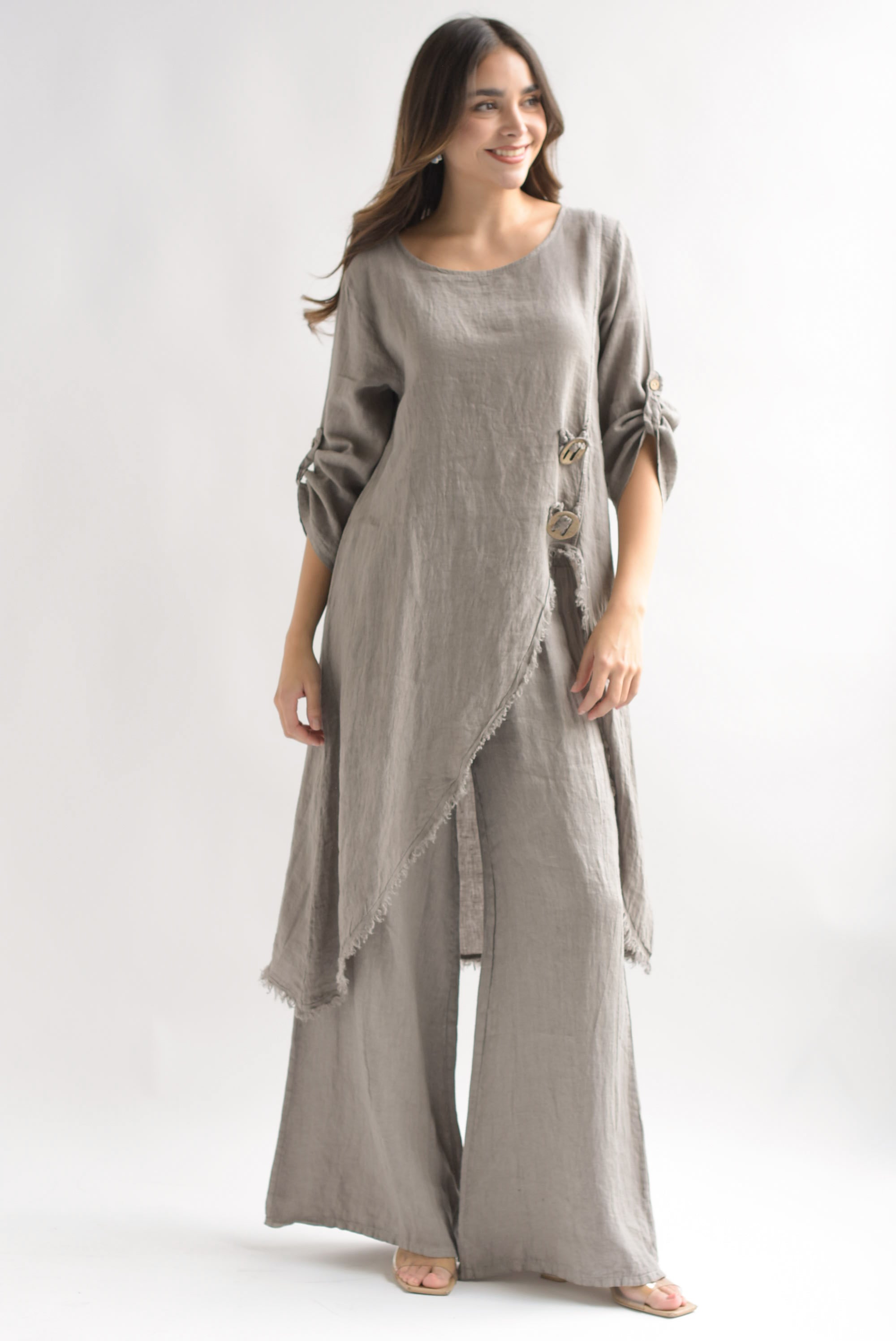 Set Pantalón wide y Maxi blusa lino italiano Gris