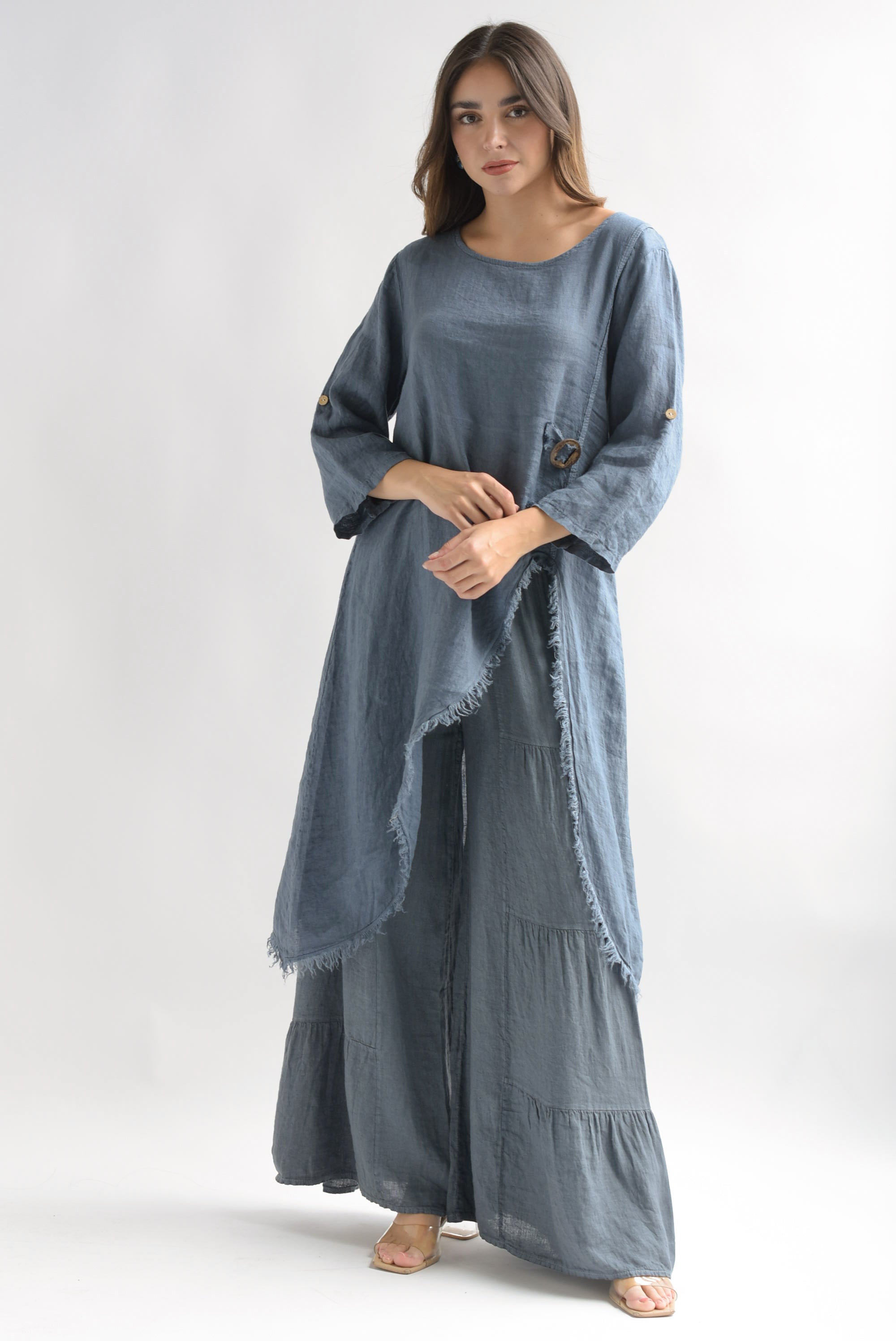 Set Pantalón olanes y Maxi blusa lino italiano Azul Denim
