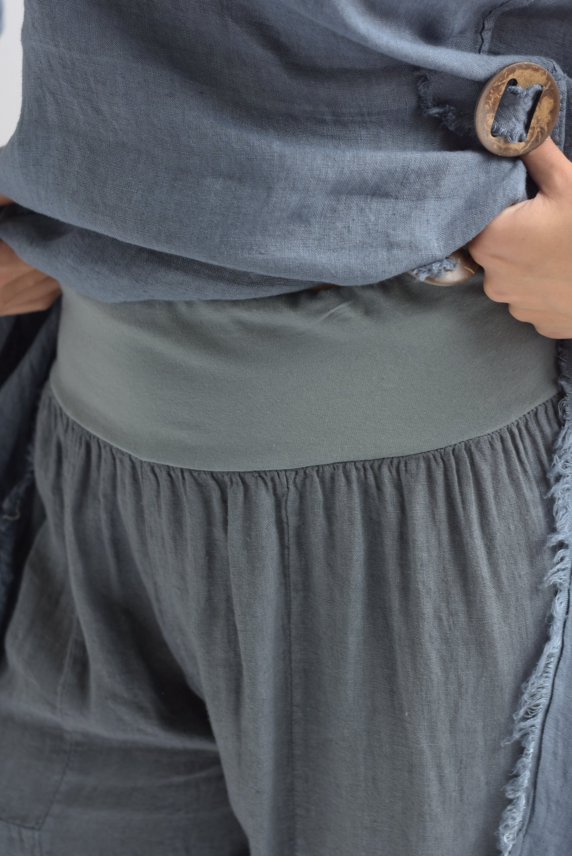 Set Pantalón olanes y Maxi blusa lino italiano Azul Denim