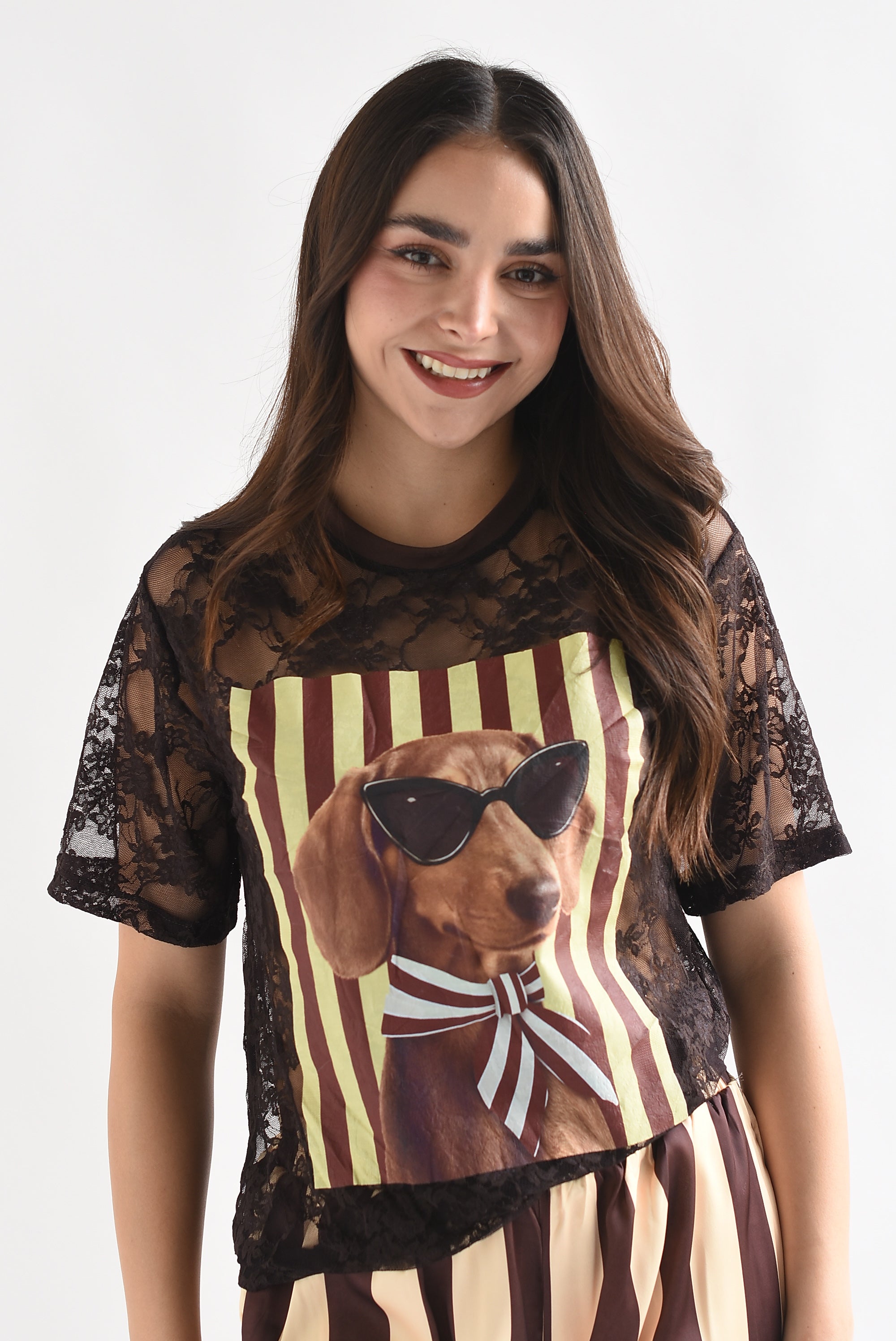 T-Shirt perro gafas rayas encaje