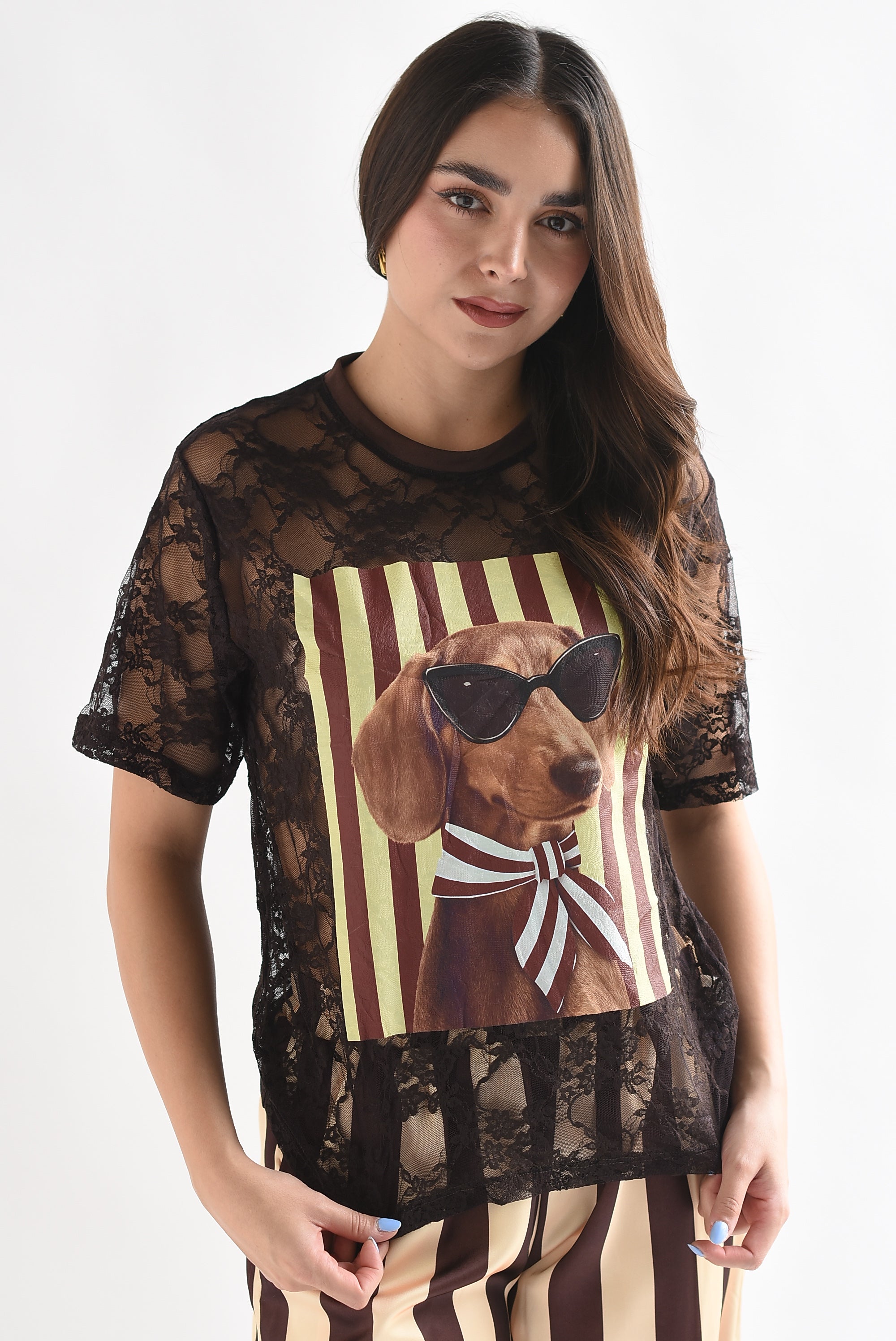 T-Shirt perro gafas rayas encaje