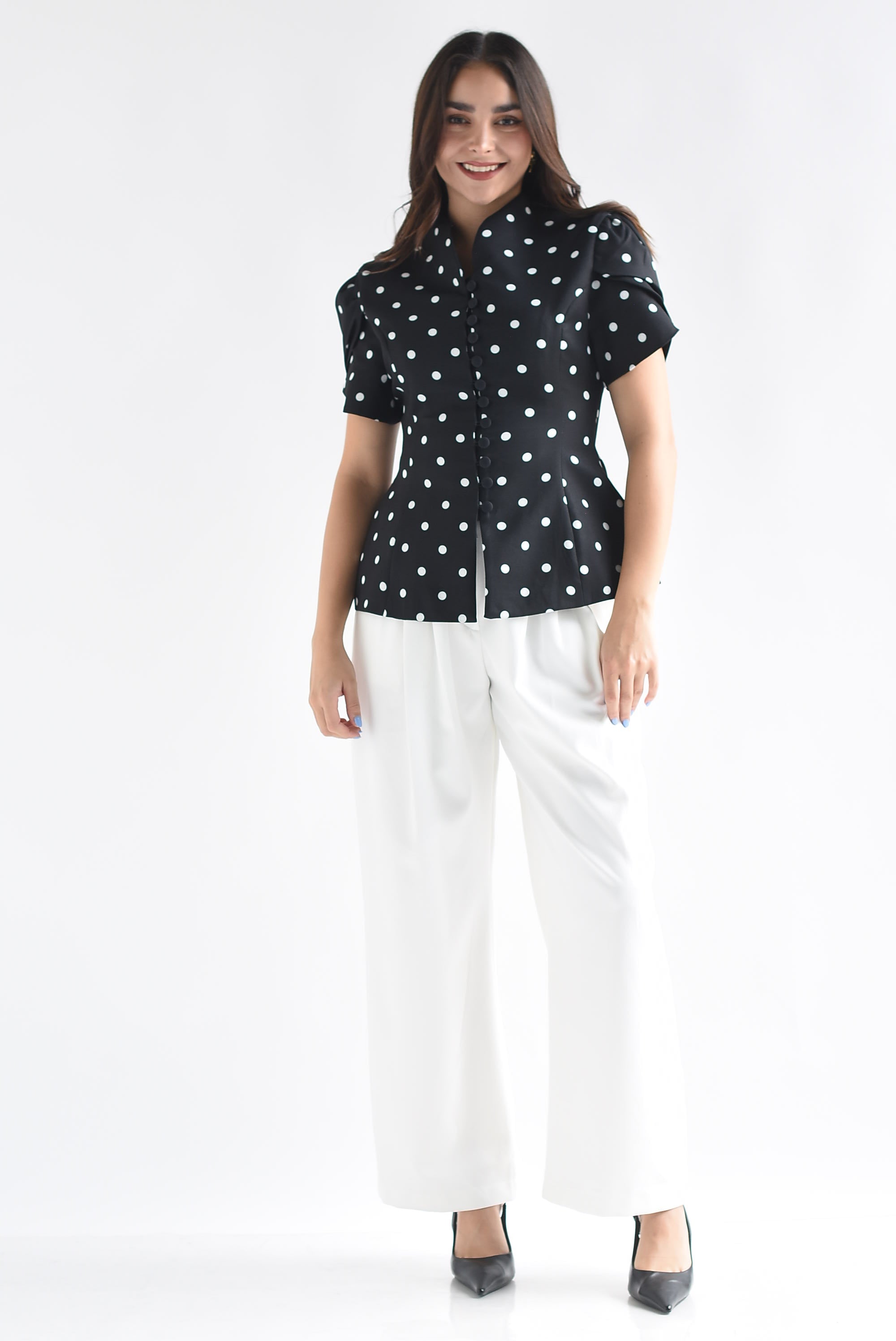 Set Pantalón liso y Blusa peplum polka dots
