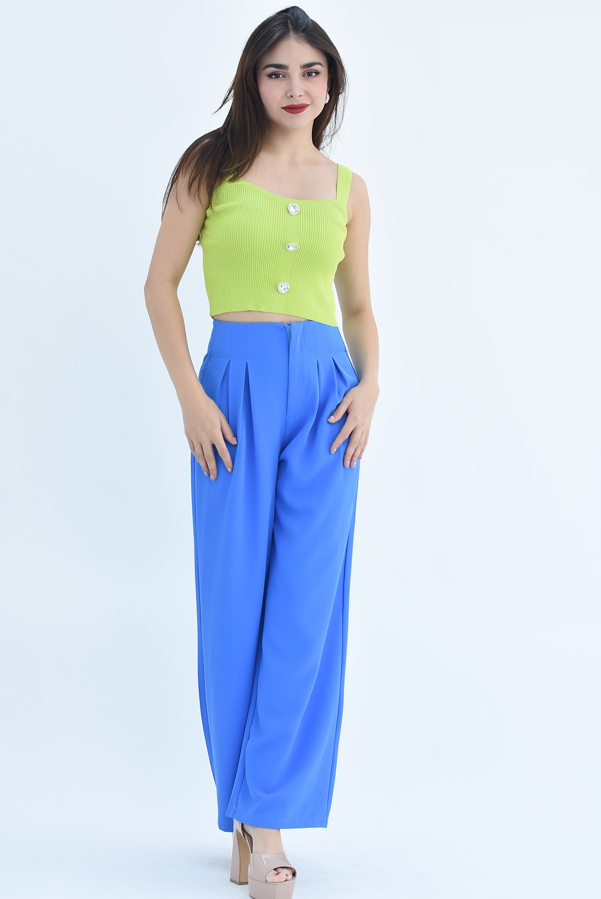 Pantalón pierna ancha con pinzas Azul