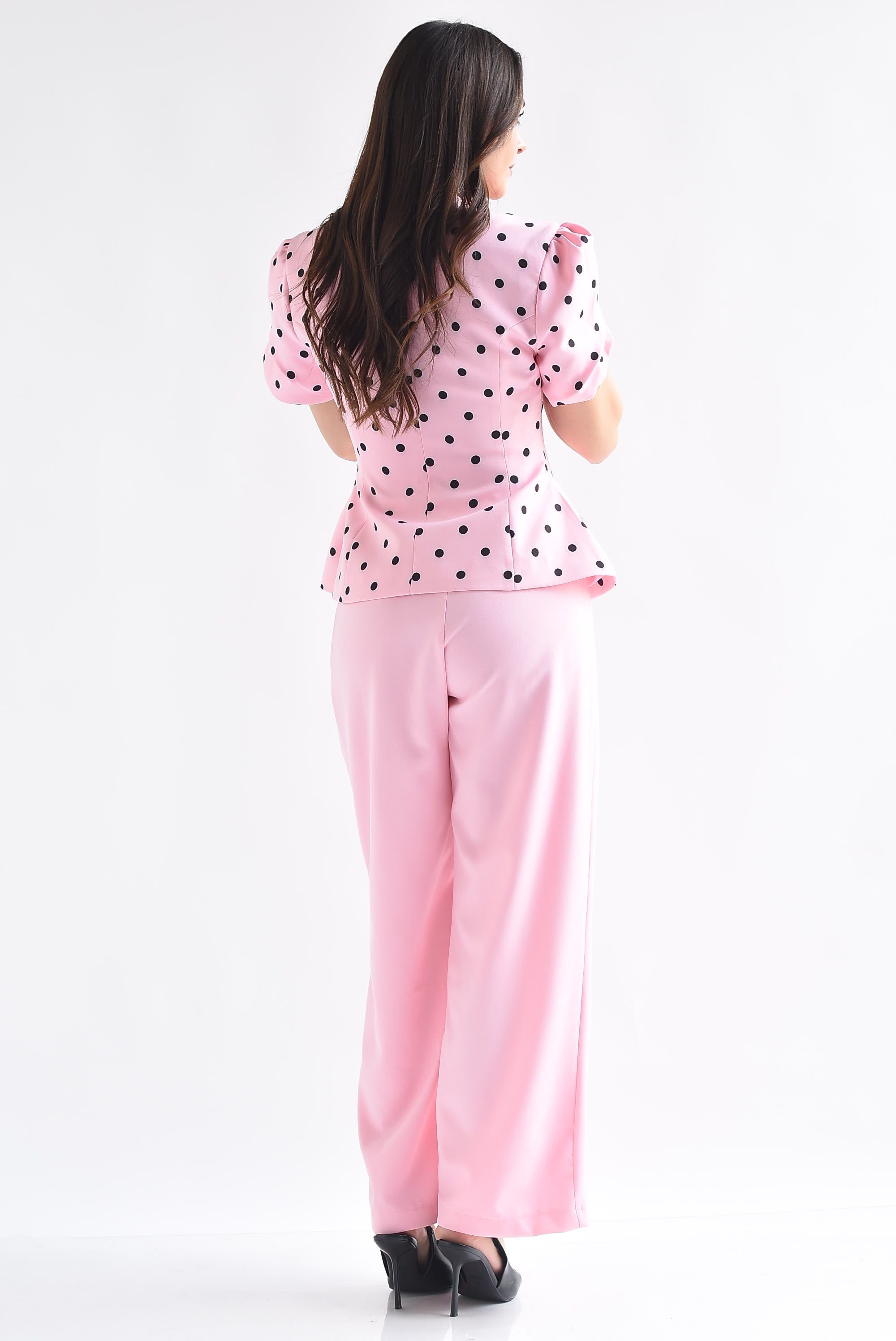 Set Pantalón liso y Blusa peplum polka dots