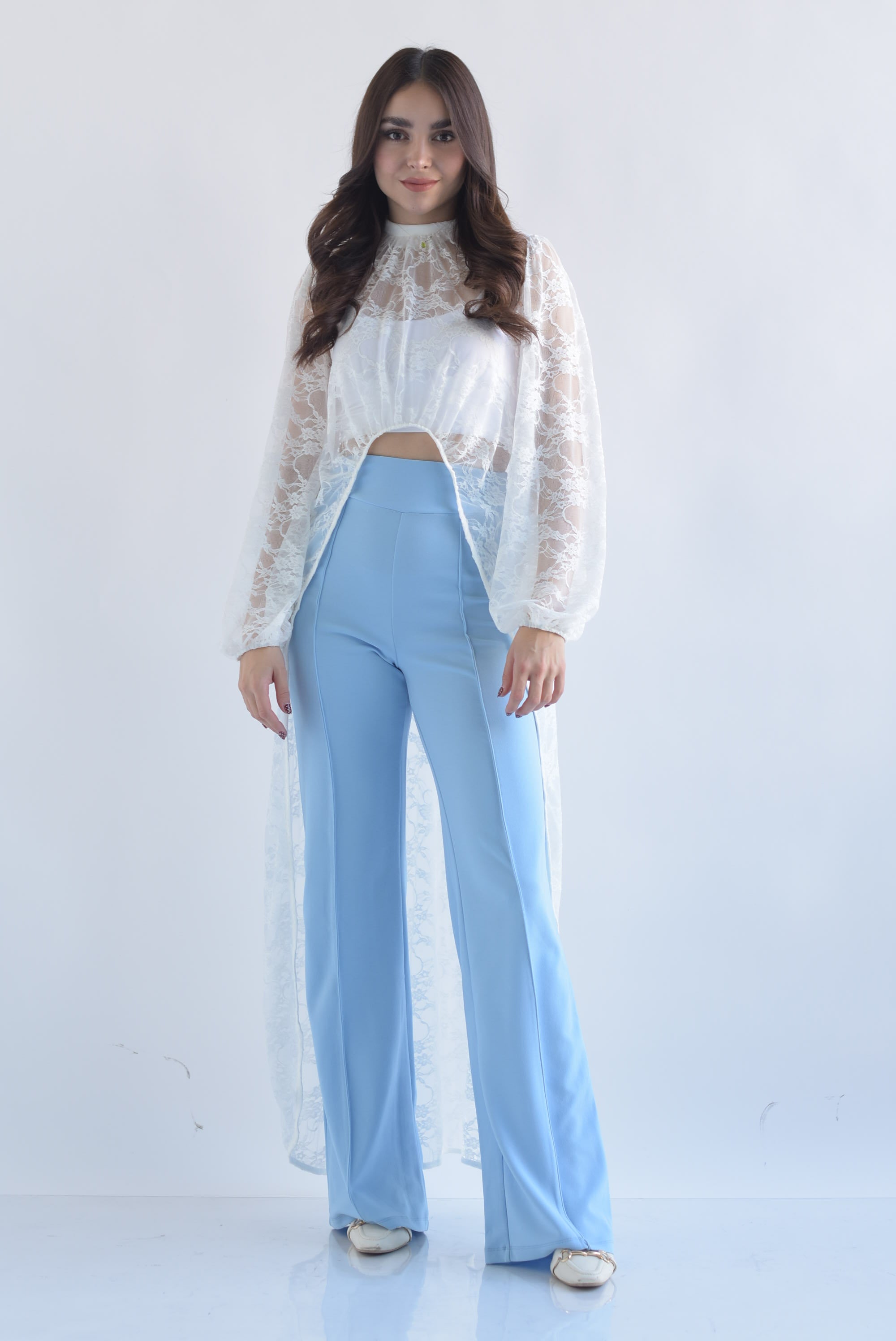 Pantalón pierna ancha y cintura alta Azul Baby