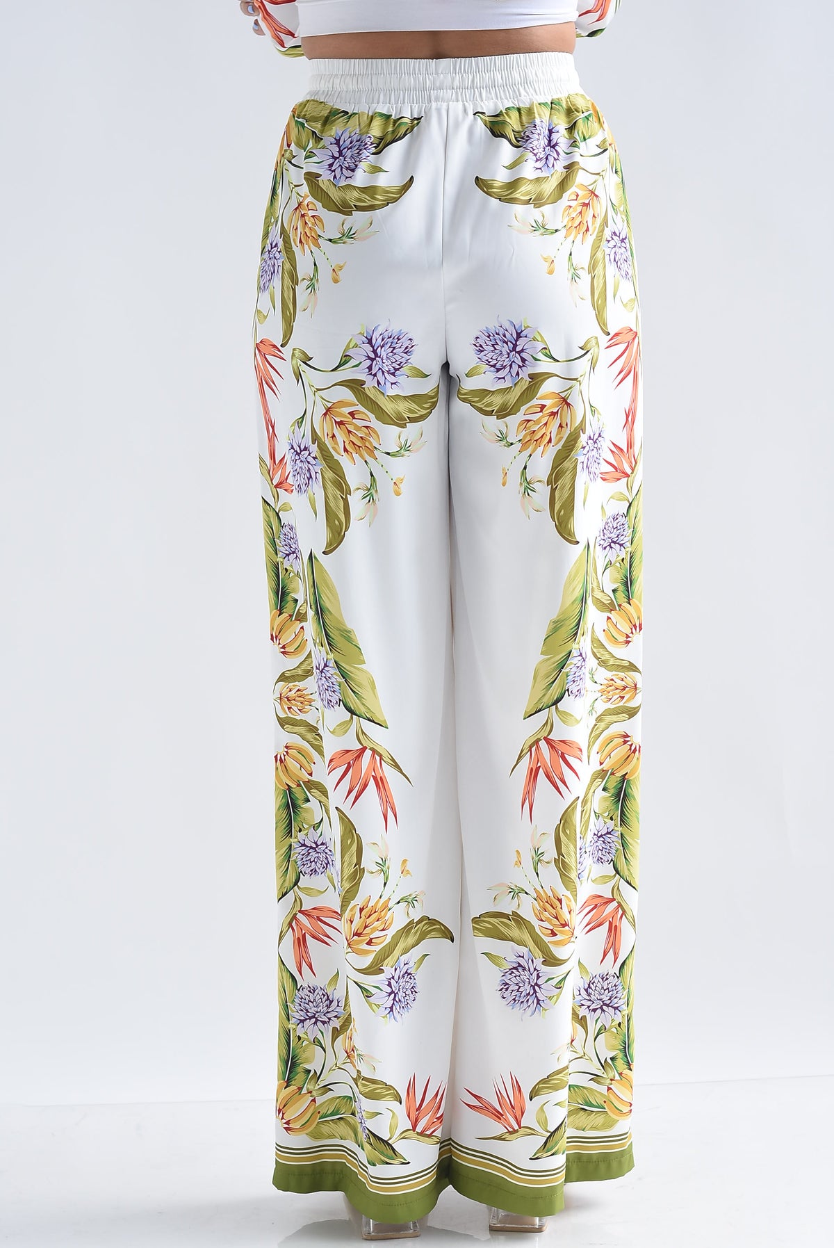 Pantalón satín flores filo verde