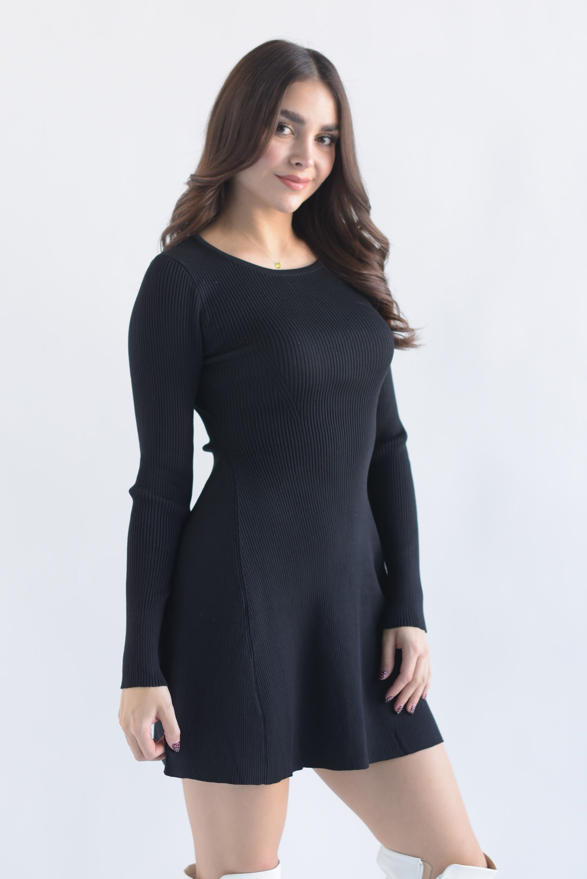 Vestido punto canalé corte campana Negro