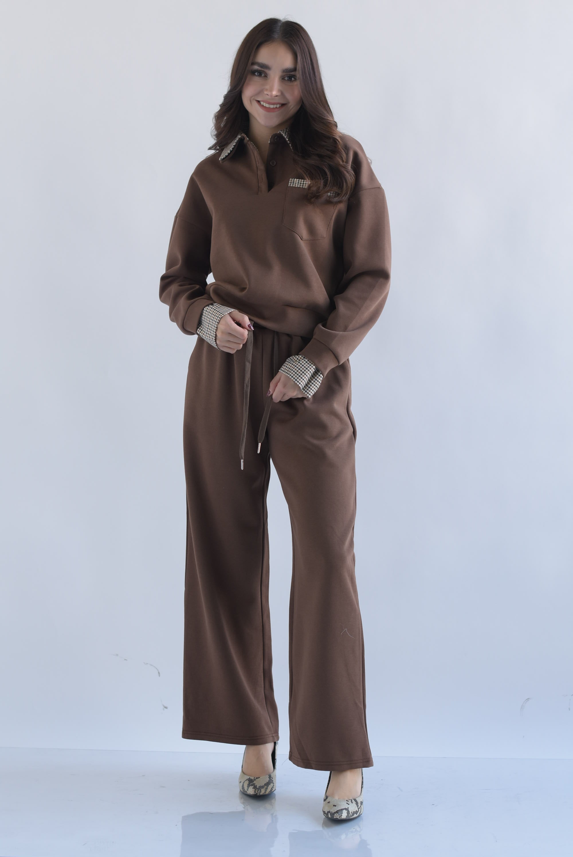 Set Pantalón y Sudadera pretina y cuello cuadros Café