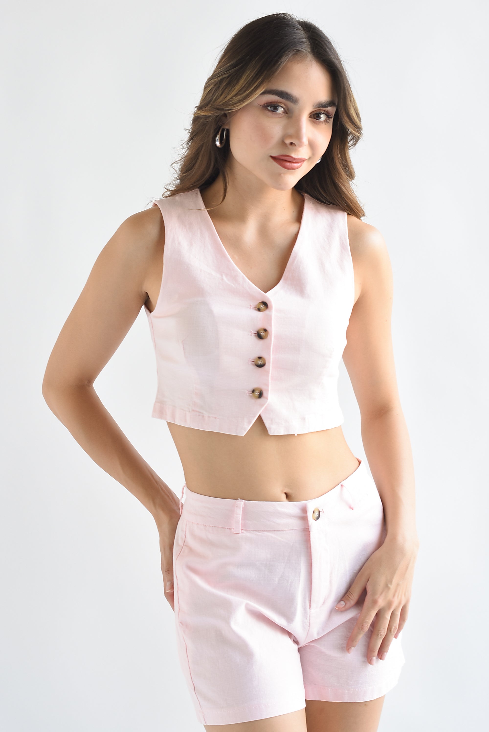 Set Short y Chaleco lino Rosa Baby