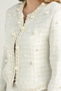 Fashion Styled Set tweed Falda y Blazer perlas Blanco