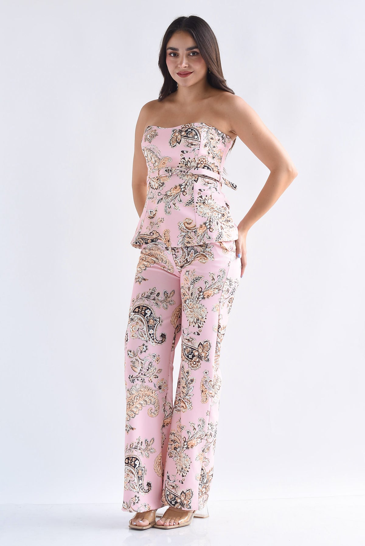 Set Pantalón y Blusa strapless peplum paisley