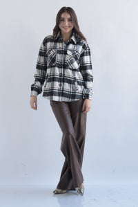 Fashion Styled Shacket cargo cuadros franela Negro