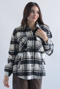 Fashion Styled Shacket cargo cuadros franela Negro