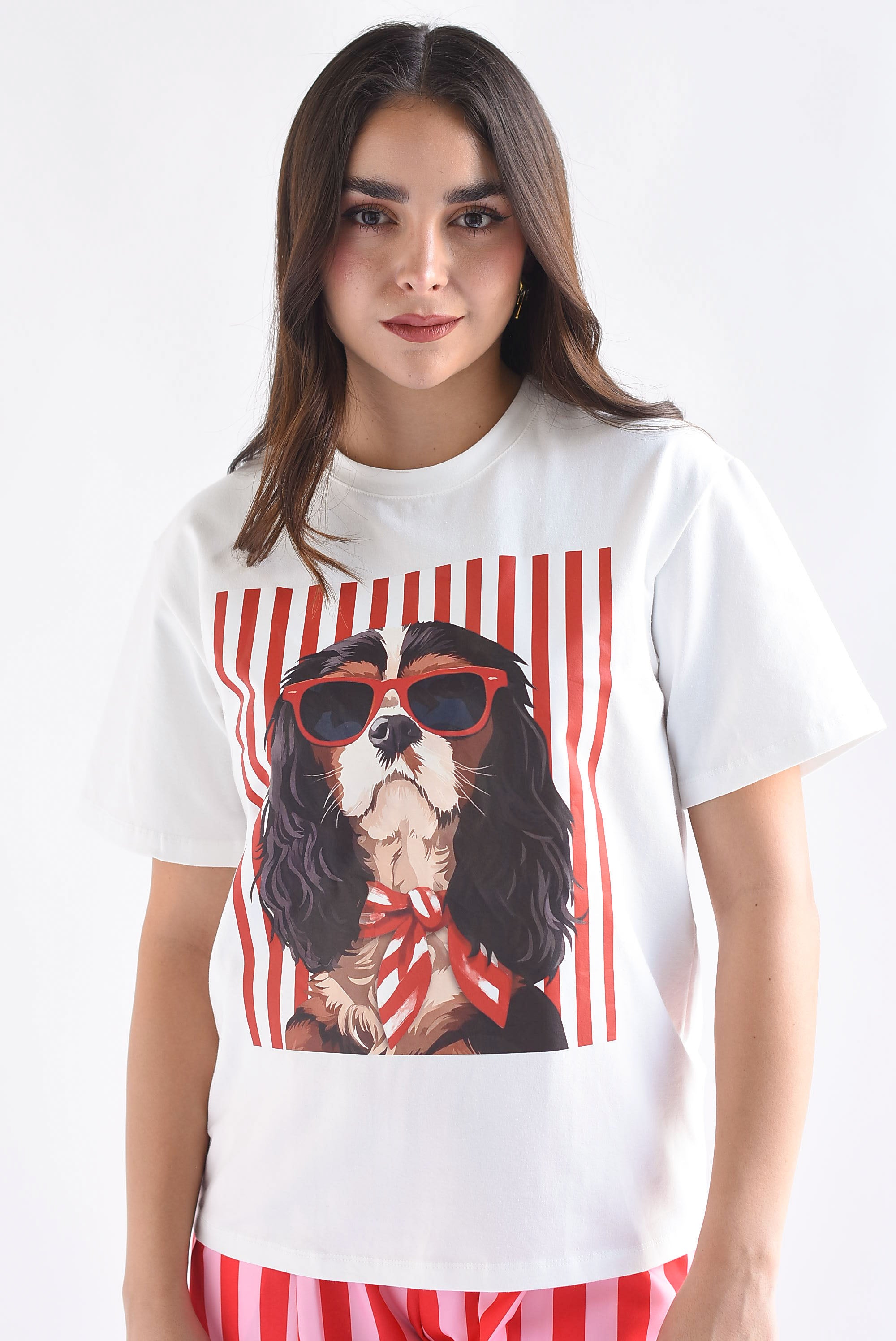 T-Shirt perro gafas rayas rojas