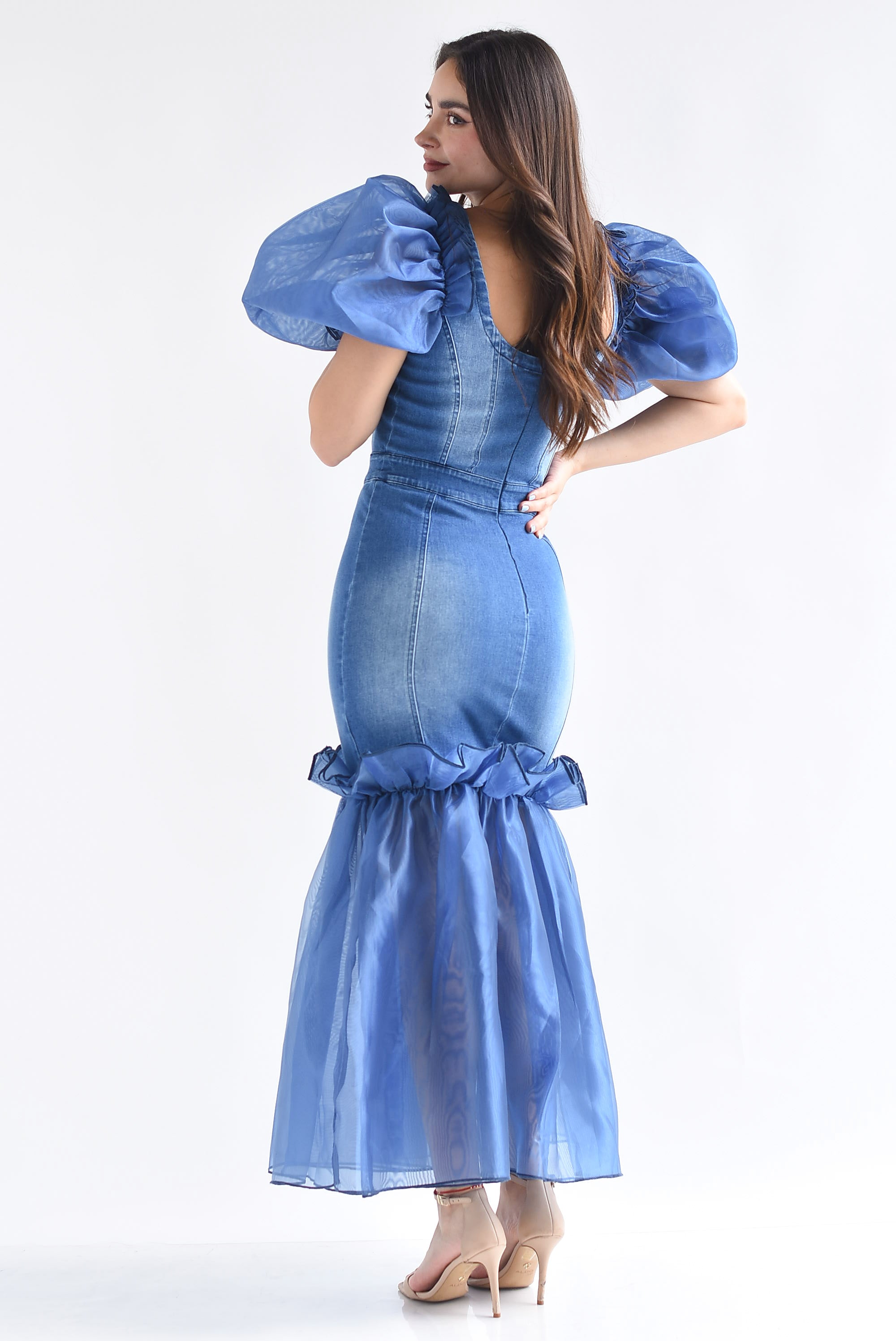 Vestido Denim manga globo y olán organza