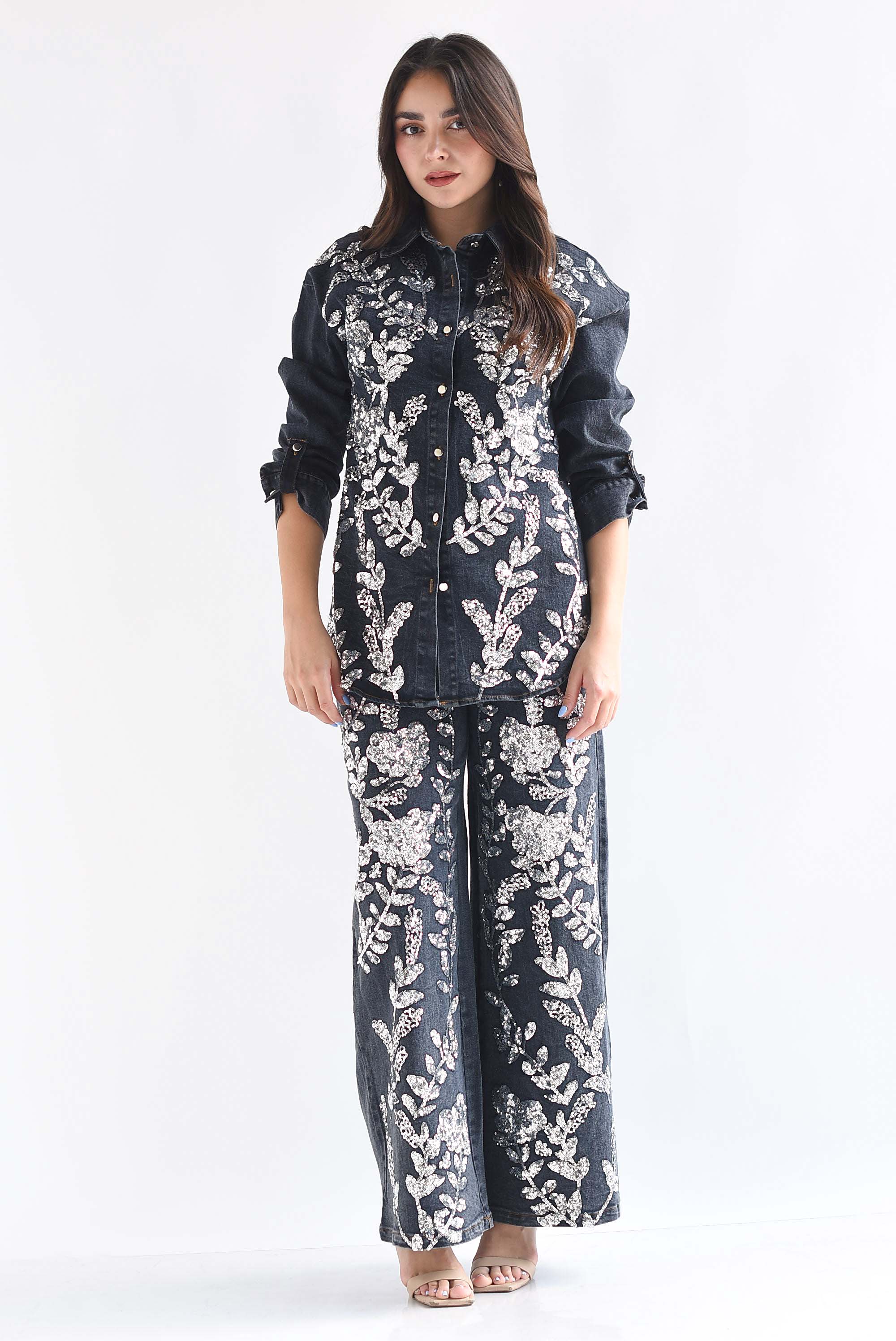 Set Jeans y Shacket Denim flores lentejuela