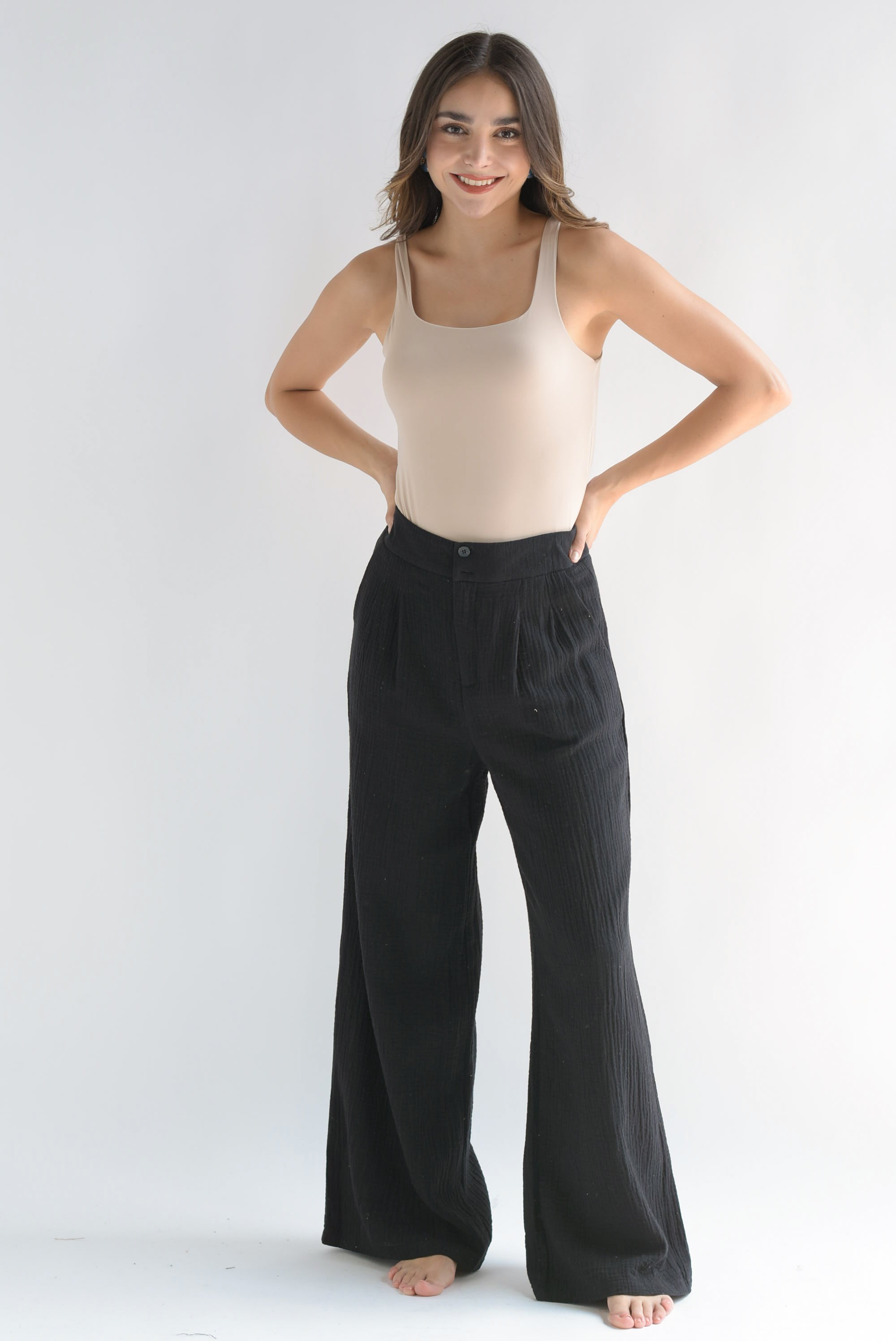 Pantalón wide tipo lino Negro