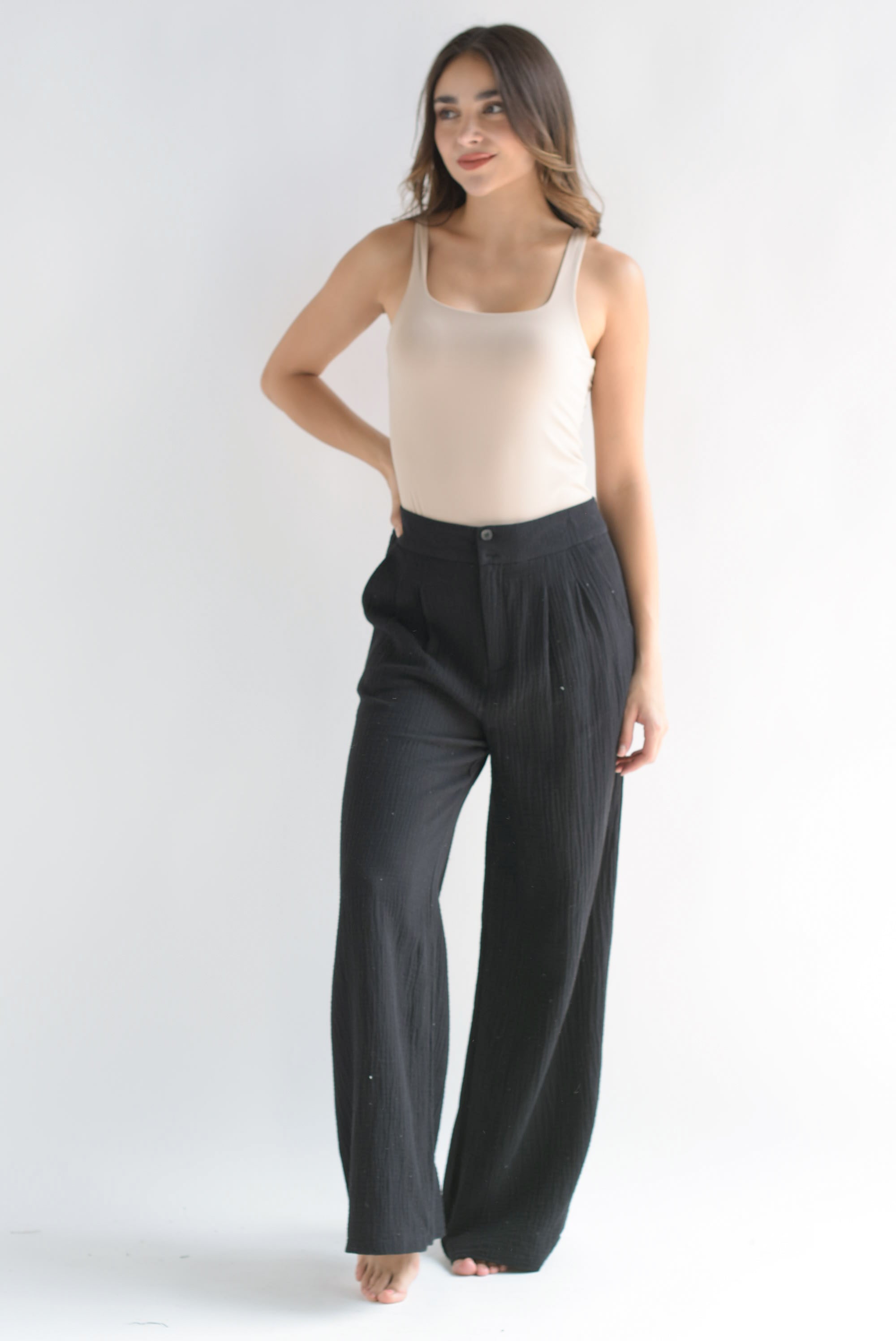 Pantalón wide tipo lino Negro