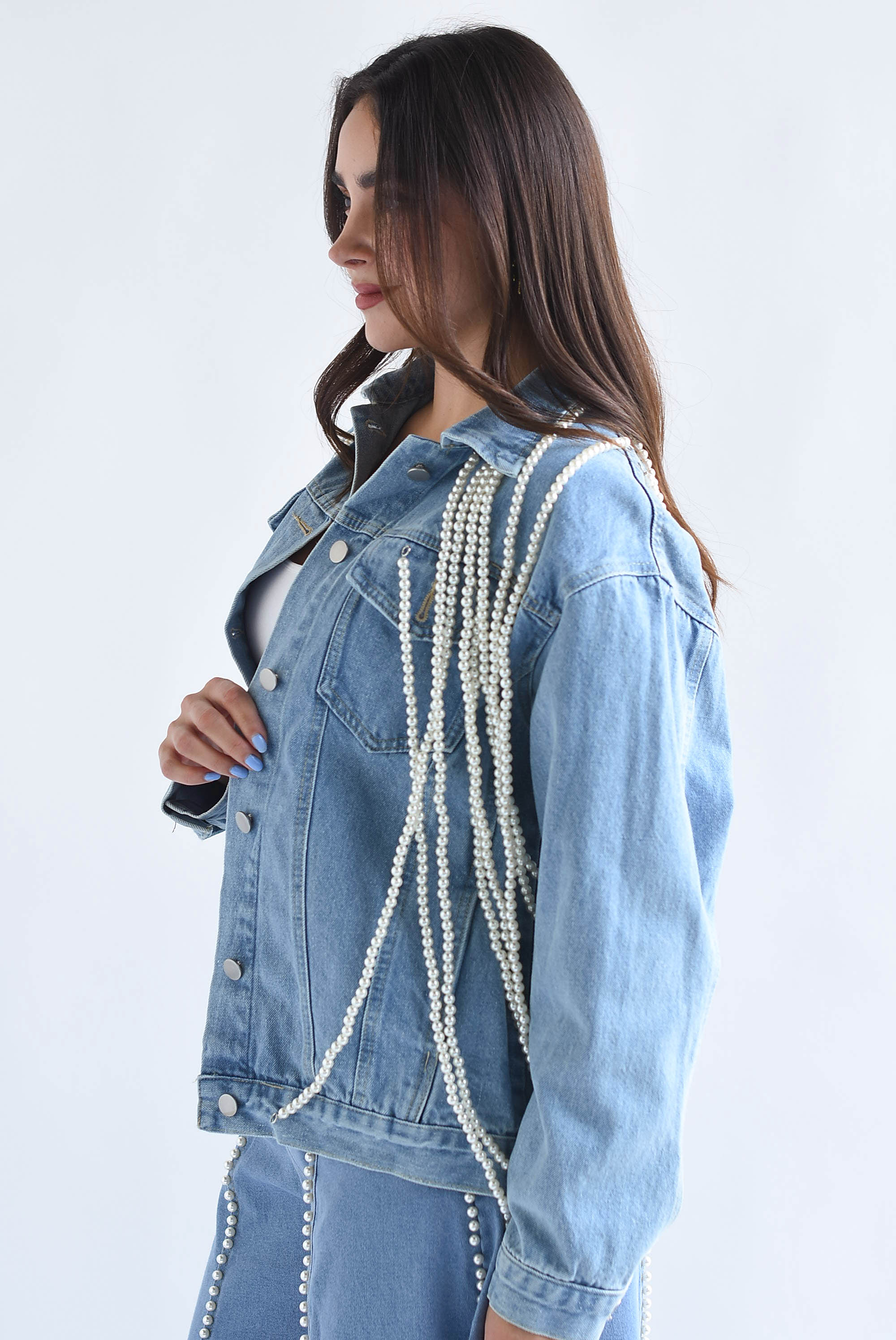 Chamarra Denim flecos perlas