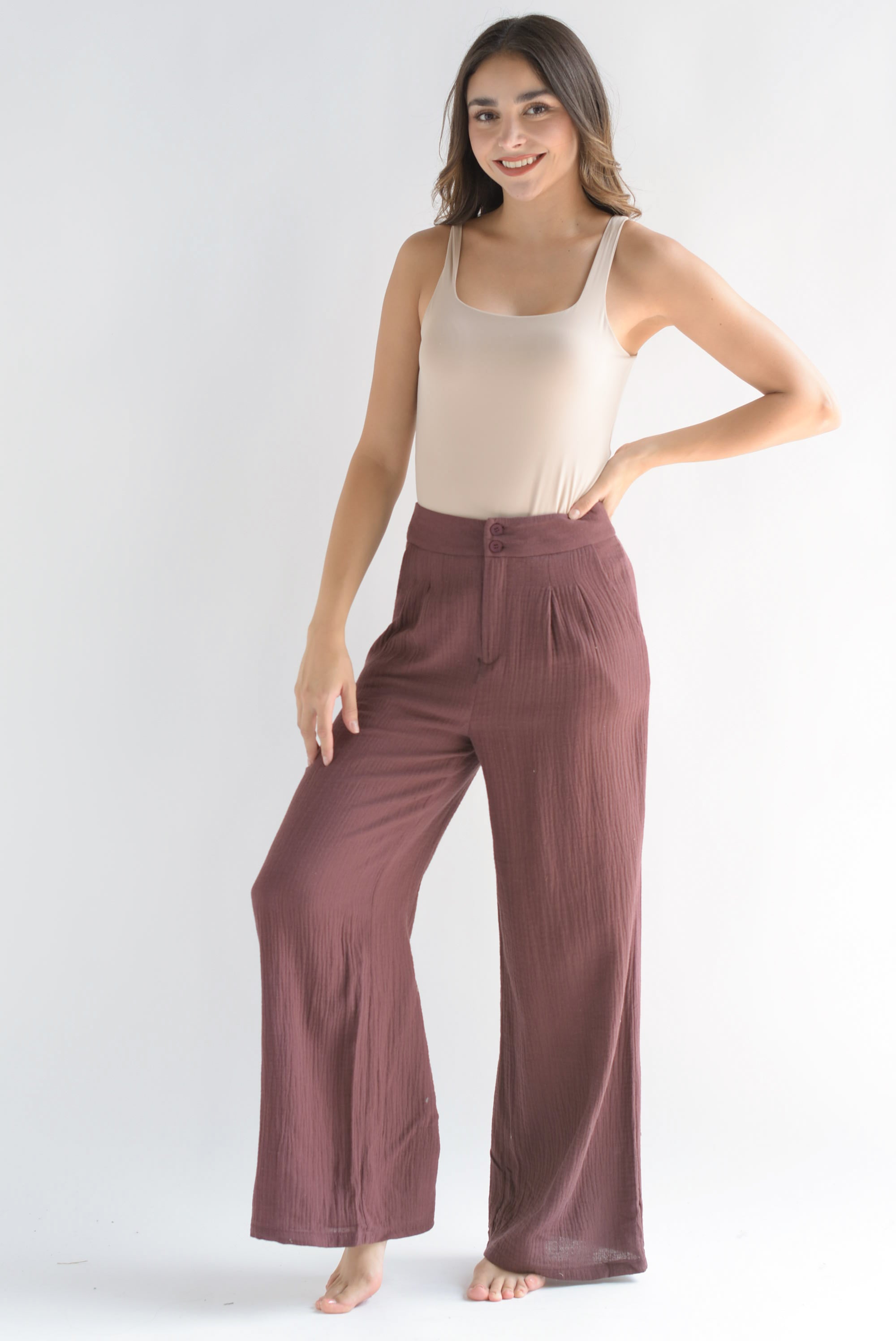 Pantalón wide tipo lino Café