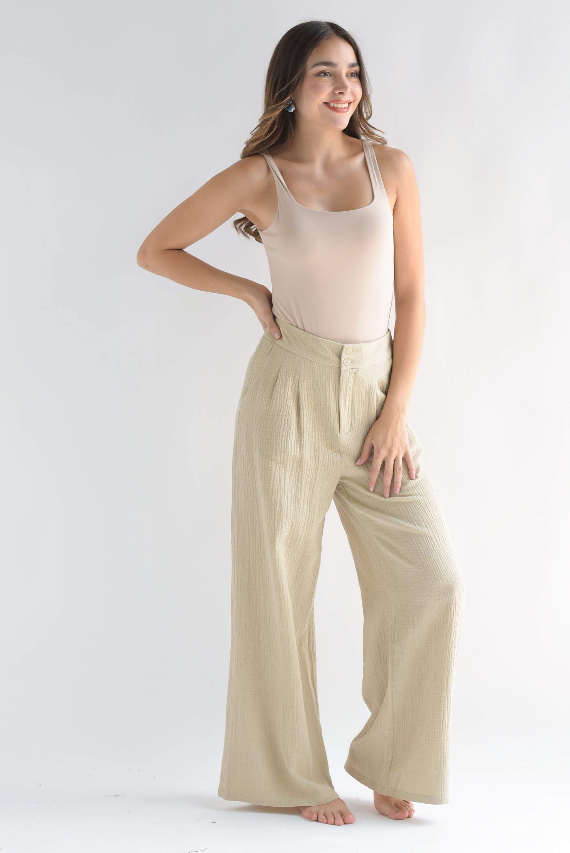 Pantalón wide tipo lino Beige
