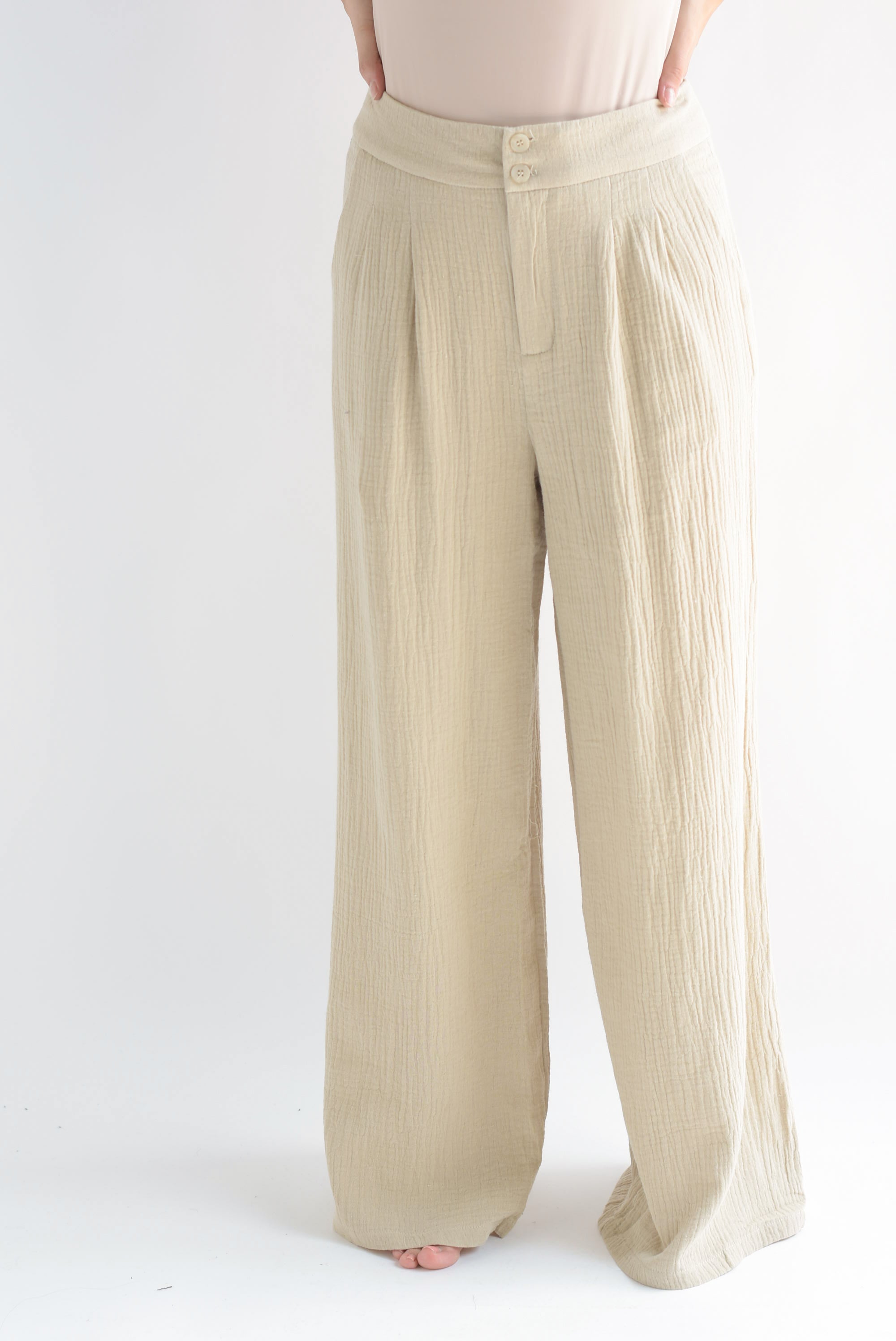 Pantalón wide tipo lino Beige